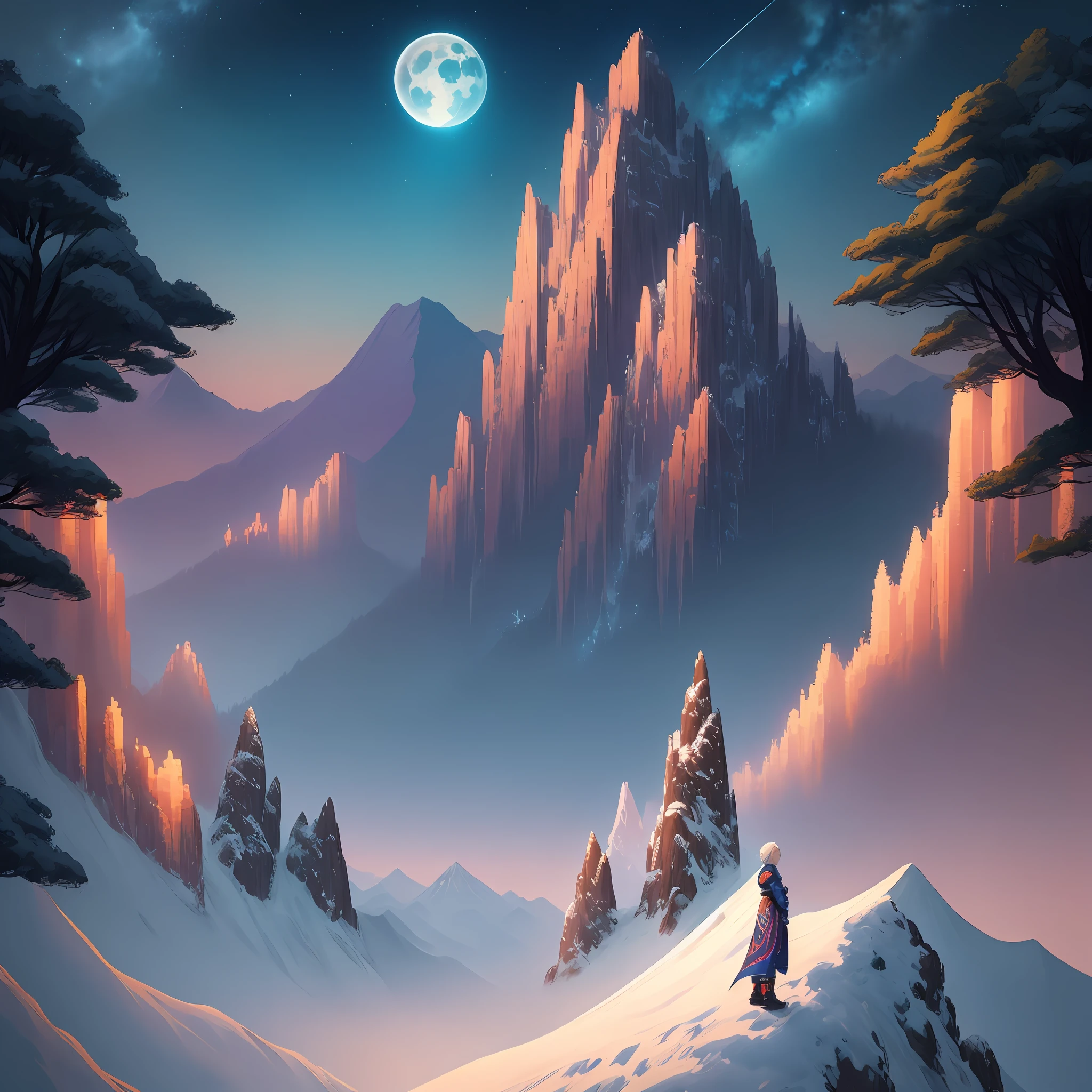 (PiroxiumDiffusion style:0.5), Mountains chinese with moon in the background, beautiful forest, godlike, beautiful, style of Laurie Greasley, studio ghibli, akira toriyama, james gilleard, genshin impact, trending pixiv fanbox, espátula acrílica, 4k, vibrant colors , devinart, ttrends no artstation, low details