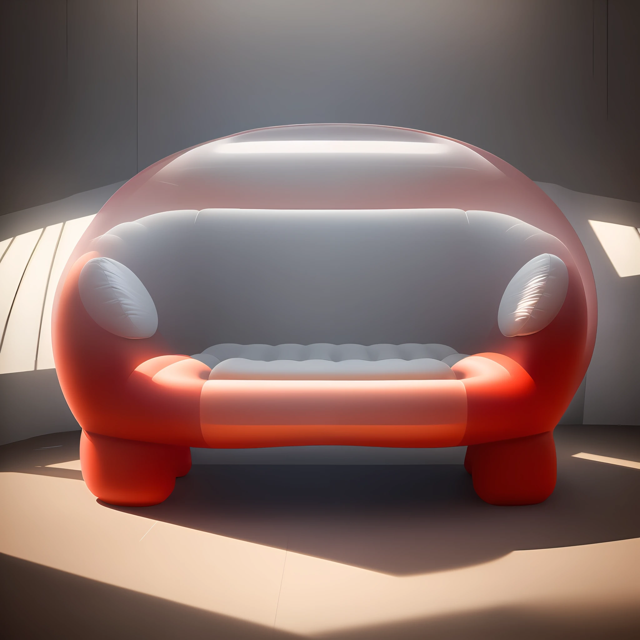 Furniture Design, Inflatable Arm Lounge Chair, Red Interior, Transparent Inflatable, Conceptual Product Design, Futuristic, General Studio Background, Studio Lighting, Focus 50, Super Detail, Realistic, Photography, Ultra HD