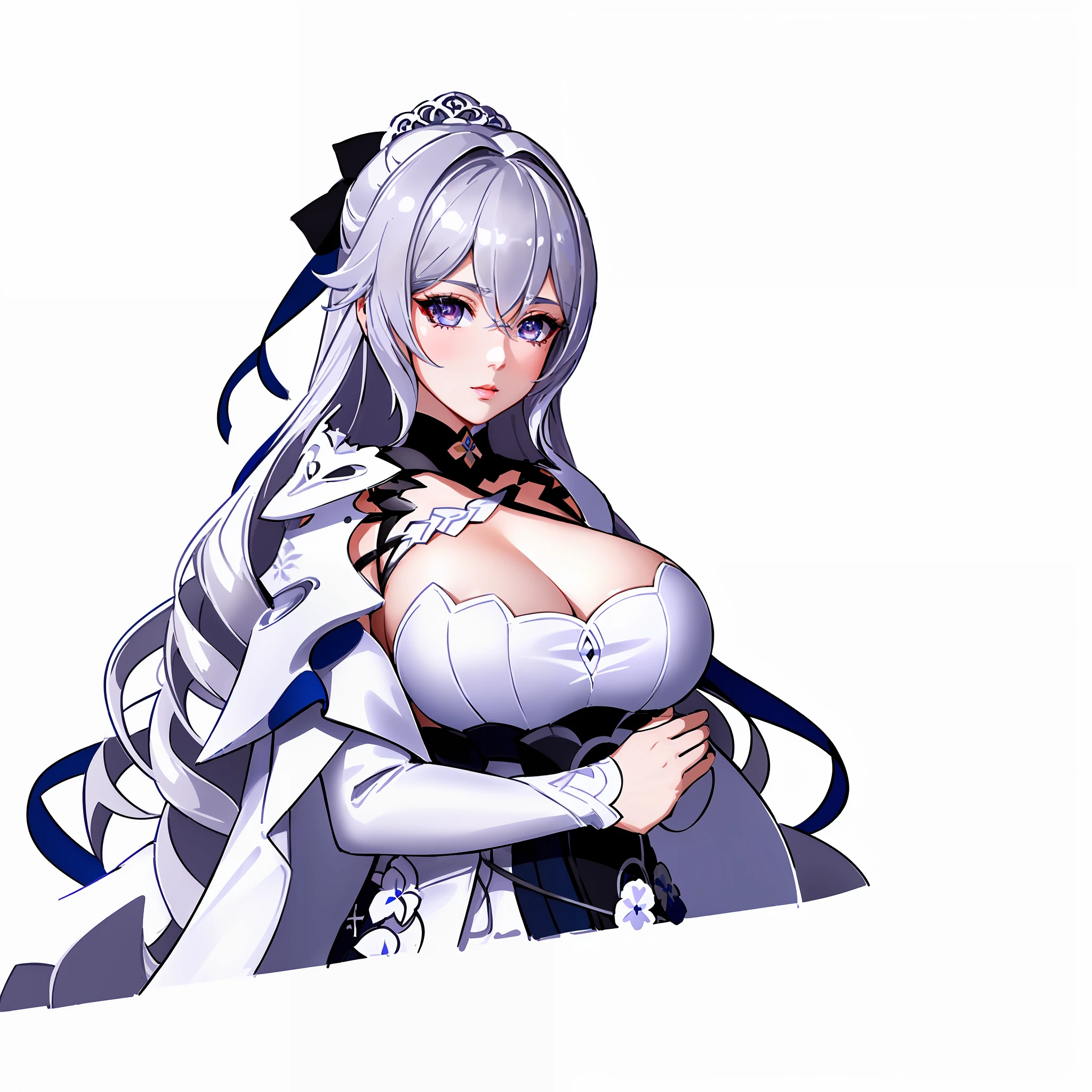 best quality,highly detailed,masterpiece,ultra-detailed,solo,1girl,(white background:1.5),(Delicate eyes), bronya_zaychik,gloves, breasts,crossed_bangs, grey_eyes, hair_between_eyes, silver_hair,symbol-shaped_pupils, cleavage, jacket, long_hair,large_breasts,