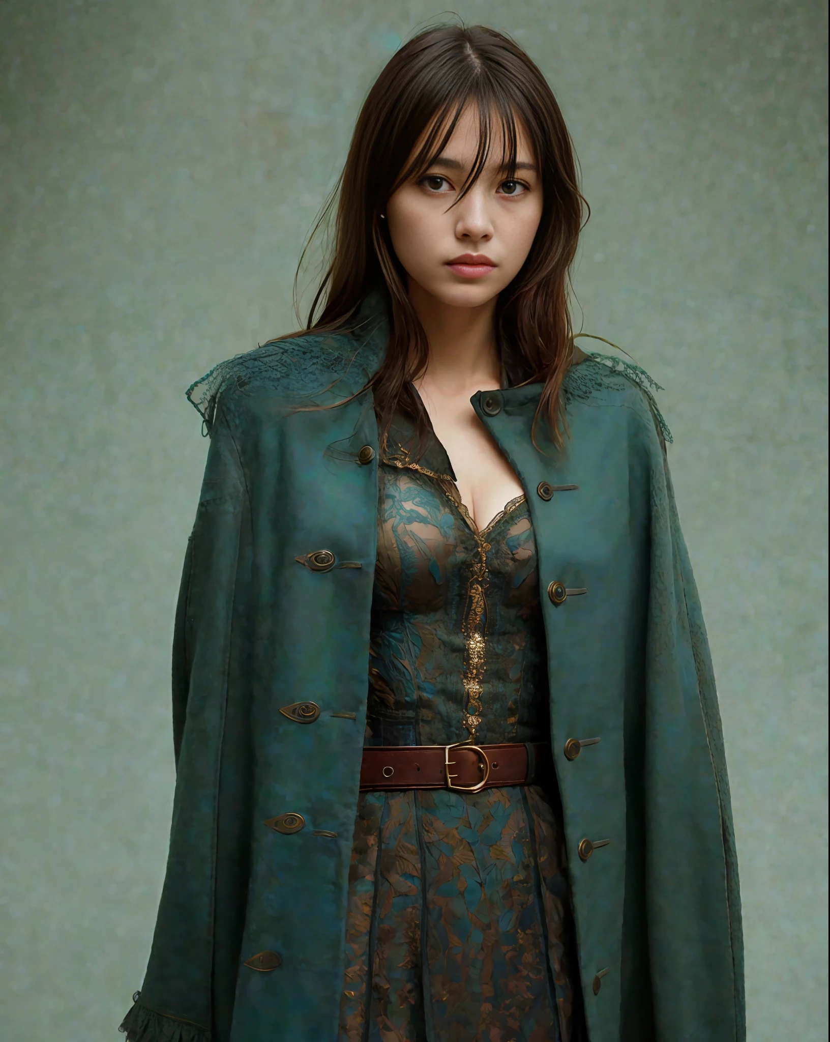 An award-winning closeup photo of a female model wearing a baggy teal distressed medieval cloth womenswear jacket by alexander mcqueen, 4 k, studio lighting, wide angle lens