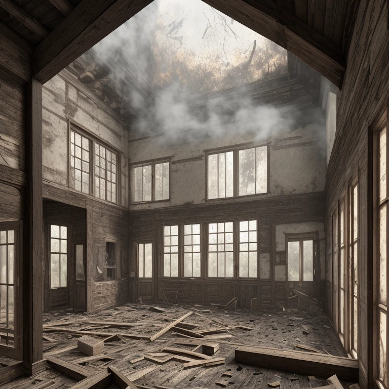 An old place with the remnants of the house and large windows, destruction and smoke, realistic and architectural style