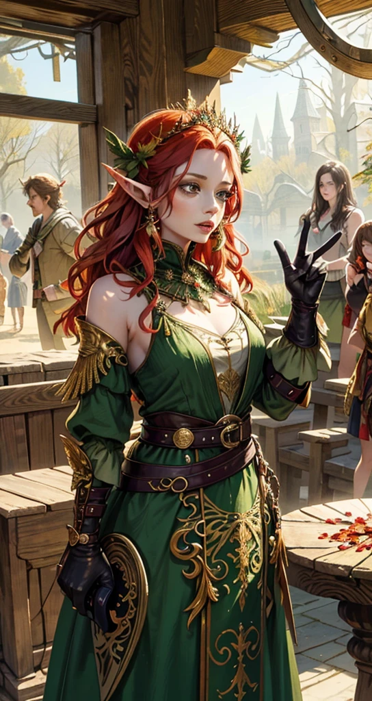 A picture of a woman with red hair and green dress, dress made of leaves, delicate golden pattern, goblin queen of summer forest, fantasy style art, beautiful girl, detailed fantasy digital art, very beautiful fantasy art, Forest elf, beautiful and elegant dryad, graphic artist magali villeneuve, nymph, (masterpiece, best quality: 1.2), (ultra detailed), (illustration), wallpaper, original,