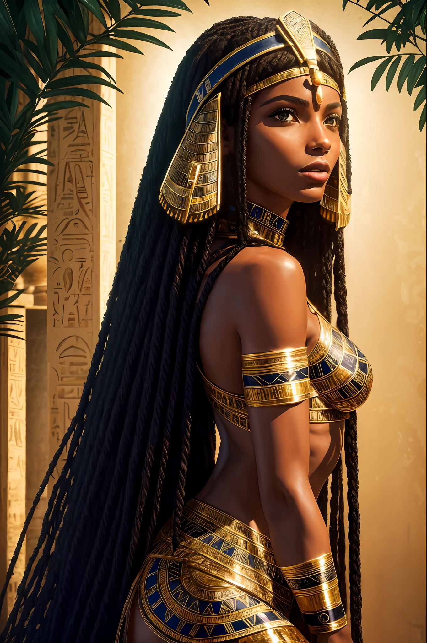 1 adult Black Egyptian woman, black eyes, locks of black hair, makeup, upper body, looking at viewer, detailed background, detailed face, OldEgyptAI, ancient Egyptian theme, wild jungle warrior, obsidian, (( posture protective)), stone facade, bushes, poisonous plants, rocks, wet weather, darkness, cinematic atmosphere, camera camera, dim light, (zentangle, mandala, tangled, tangled:0.5) (35mm style:1.1), front, artwork raw, 1970s film, , cinematic lighting, (photorealistic :1.5), high frequency detail, 35 mm film, (film grain), film noise