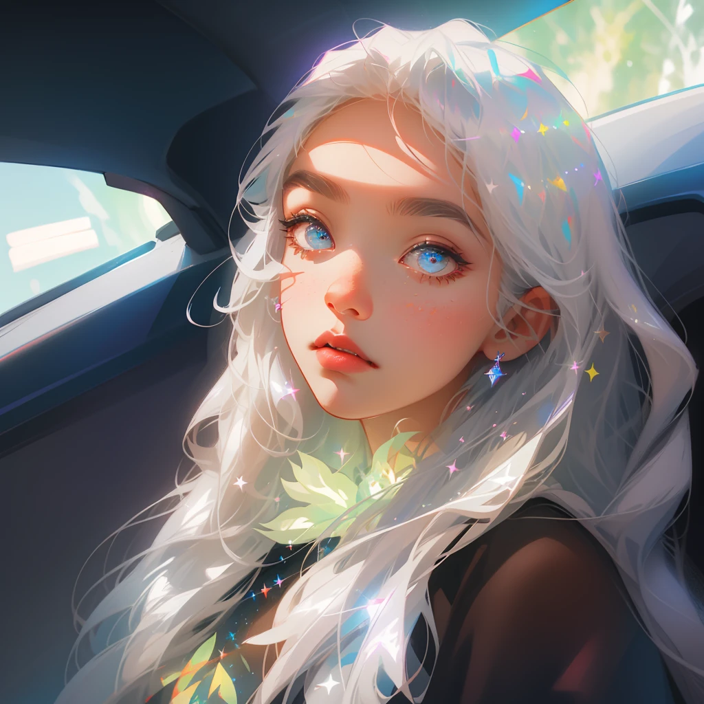 Perfect masterpiece, highest quality, perfect quality, 8K, upper body shot, (frontal portrait: 1.5), exquisite face, face close-up, sitting in the back row of the car, strange glowing transparent eyes, magical transparent eyes, star eyes, white hair , Holographic phantom background, digital art, flat illustration, colorful illustration, minimalist style,
