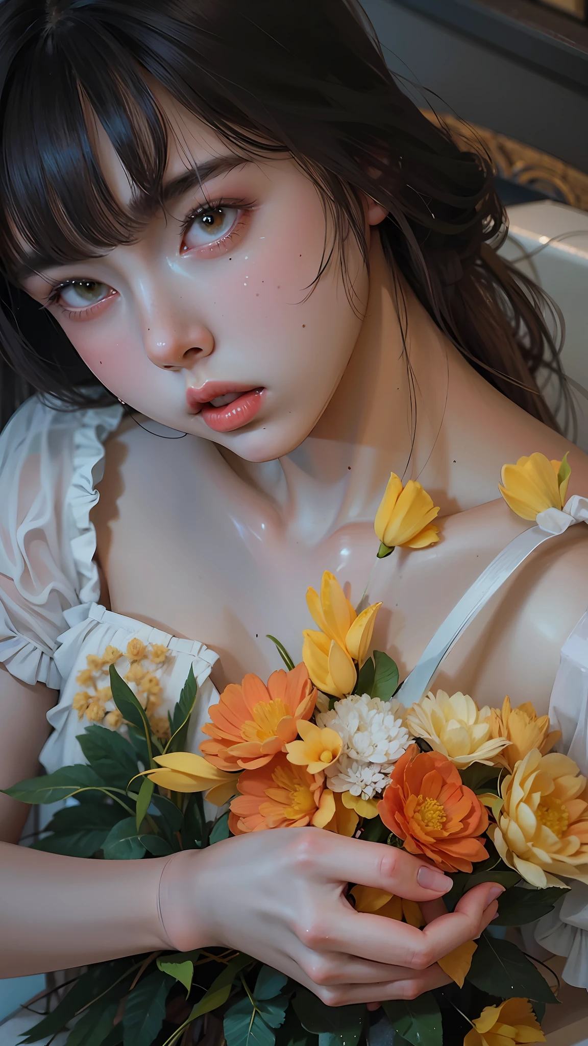 Teenager girl with long brown hair holding yellow flowers in her hands, woman in white dress, photo of femininity, girl sitting in bathtub, soft light, portrait of jossi in blackpink, e-girl