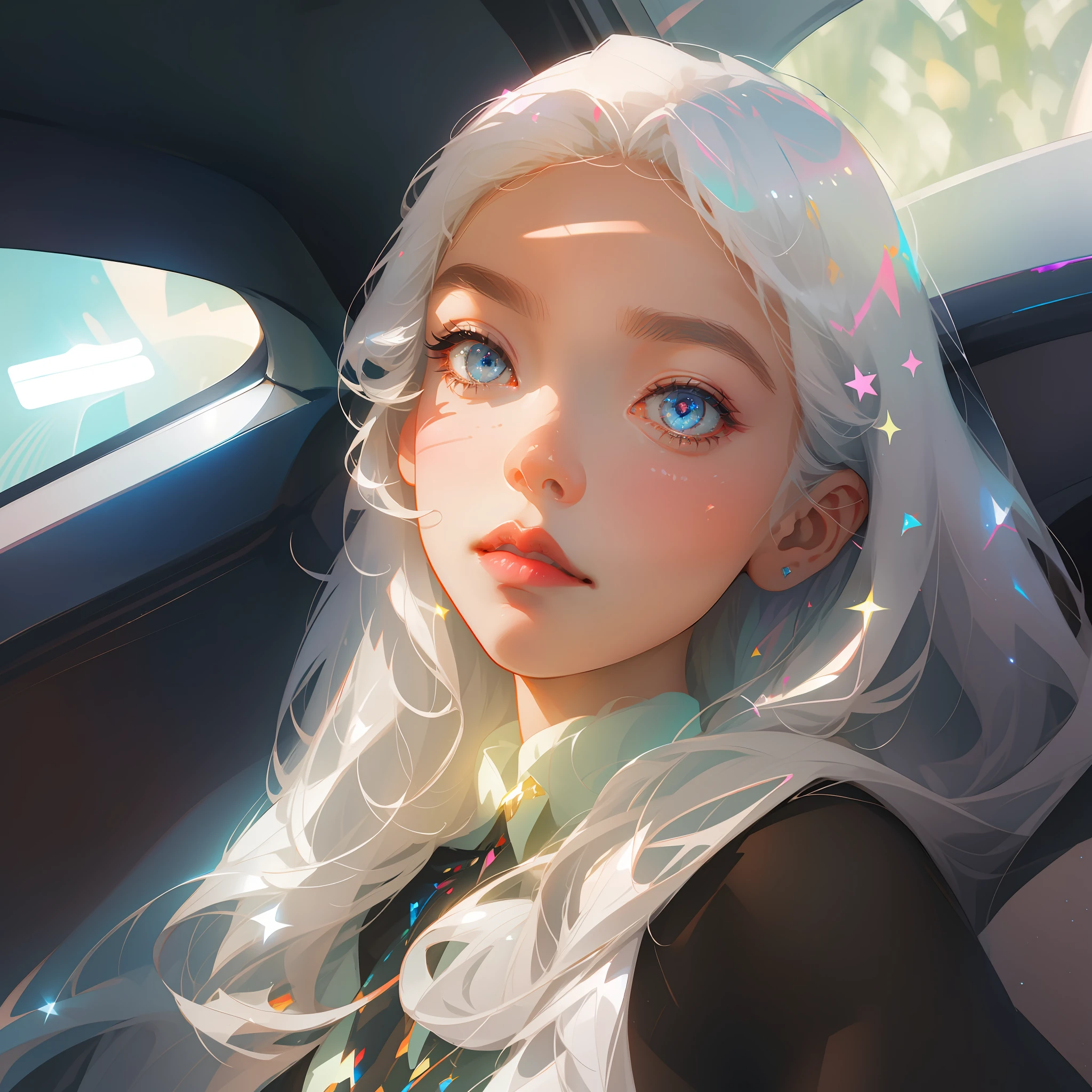 Perfect masterpiece, highest quality, perfect quality, 8K, upper body shot, (frontal portrait: 1.5), exquisite face, face close-up, sitting in the back row of the car, strange glowing transparent eyes, magical transparent eyes, star eyes, white hair , Holographic phantom background, digital art, flat illustration, colorful illustration, minimalist style,