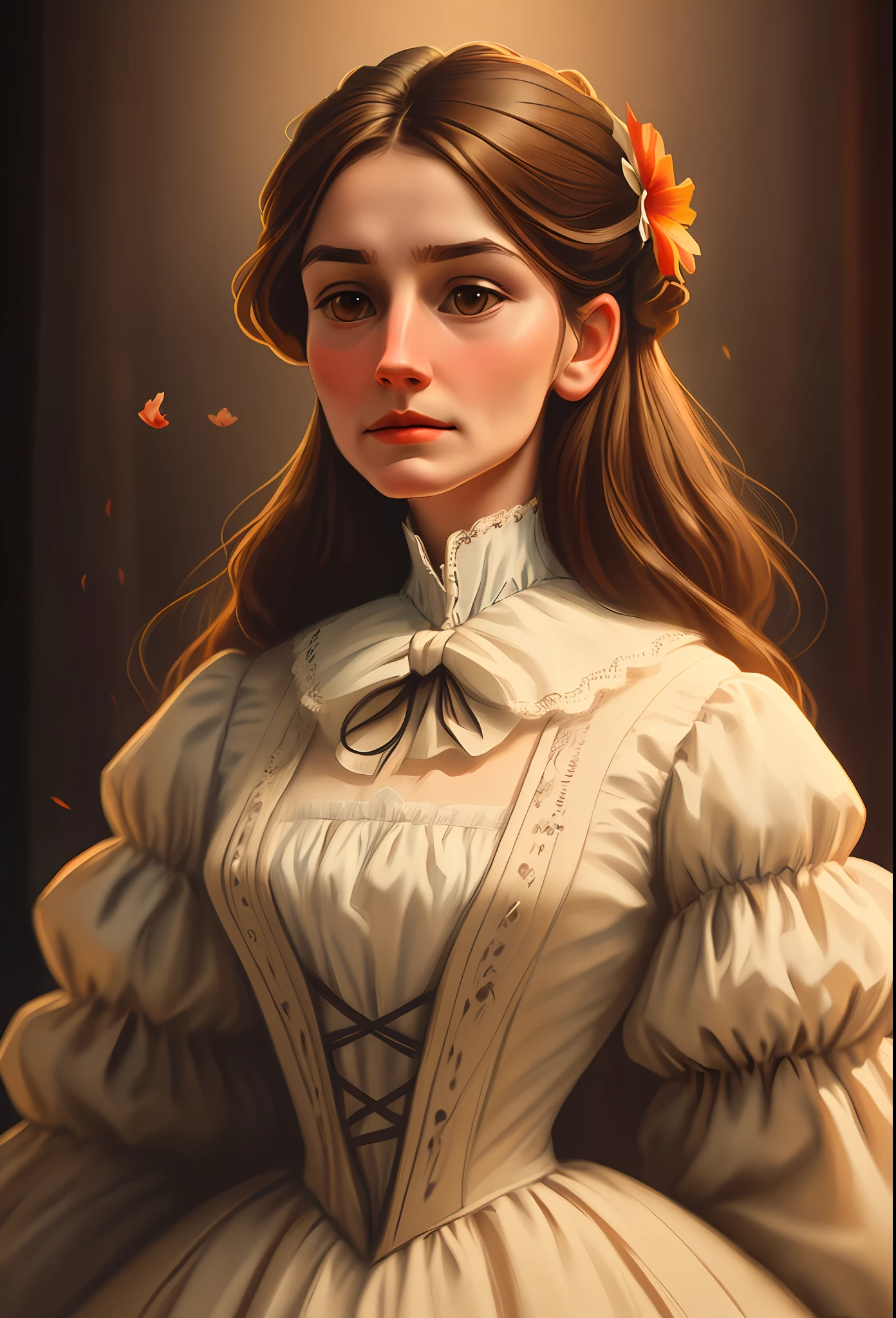 a victorian woman, brown hair, hair flower, closed mouth, Color Field painting, backlighting, anatomically correct, anatomically correct, high quality, 8k