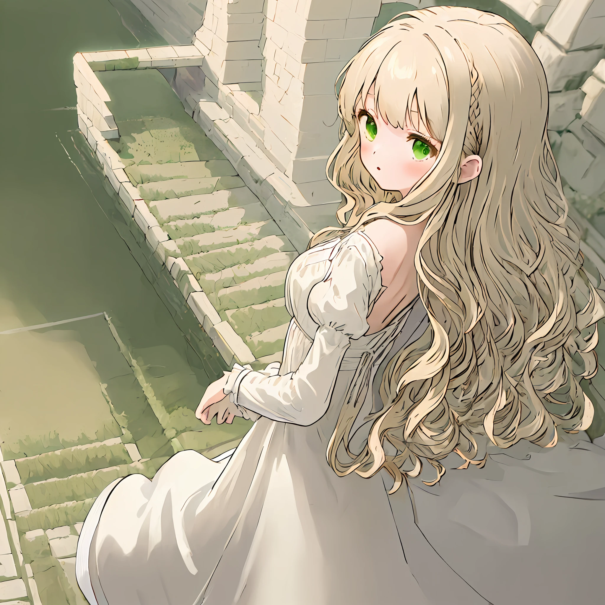 (((masterpiece))), (((best quality))), 1girl, , small breasts, from back, epic background, aura, looking back, wavy hair, blonde long hair, (beige hair), green eyes, ((white dress)