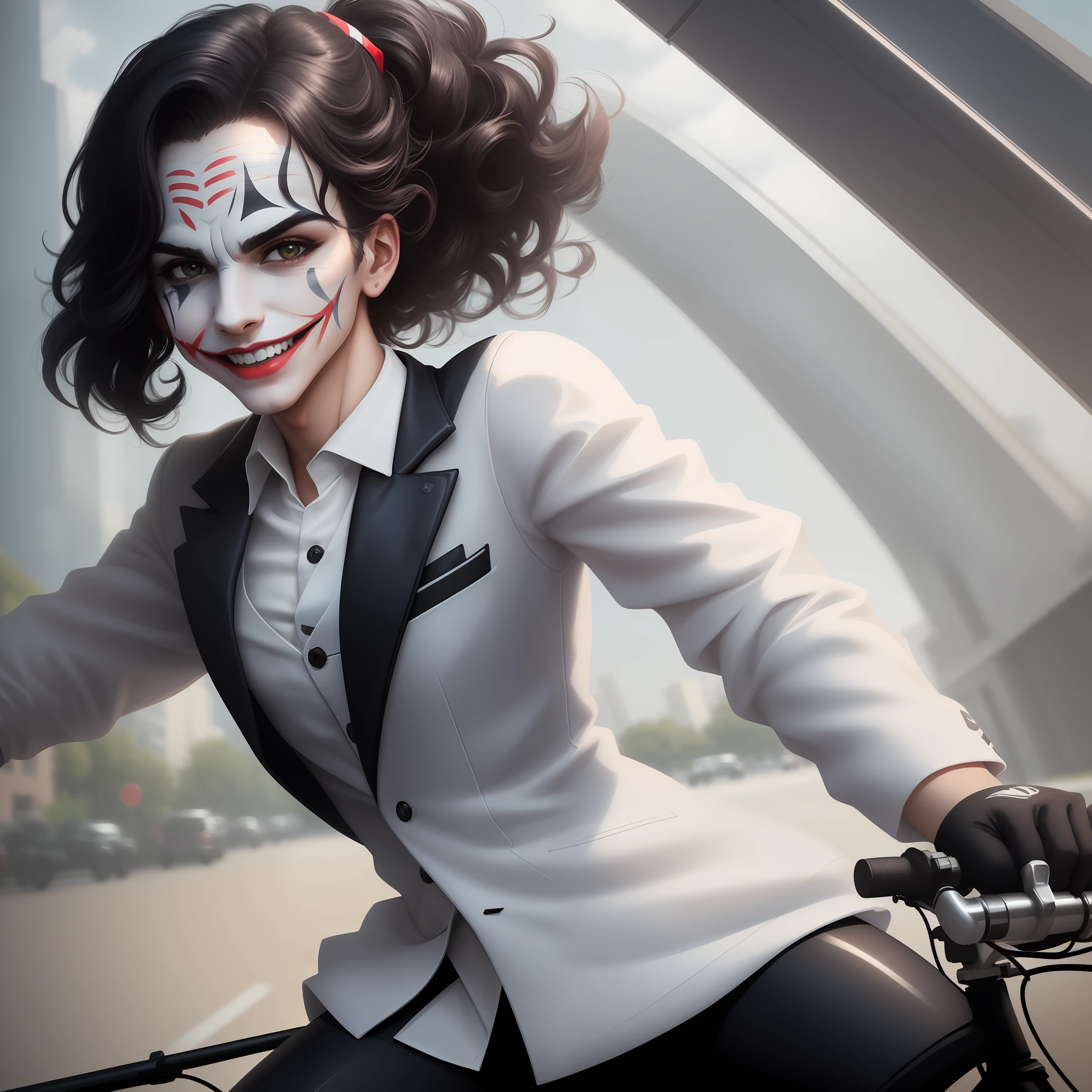 cute portrait of a cute joker riding a bike , cinematic shot , digital art 4k, high detail ,