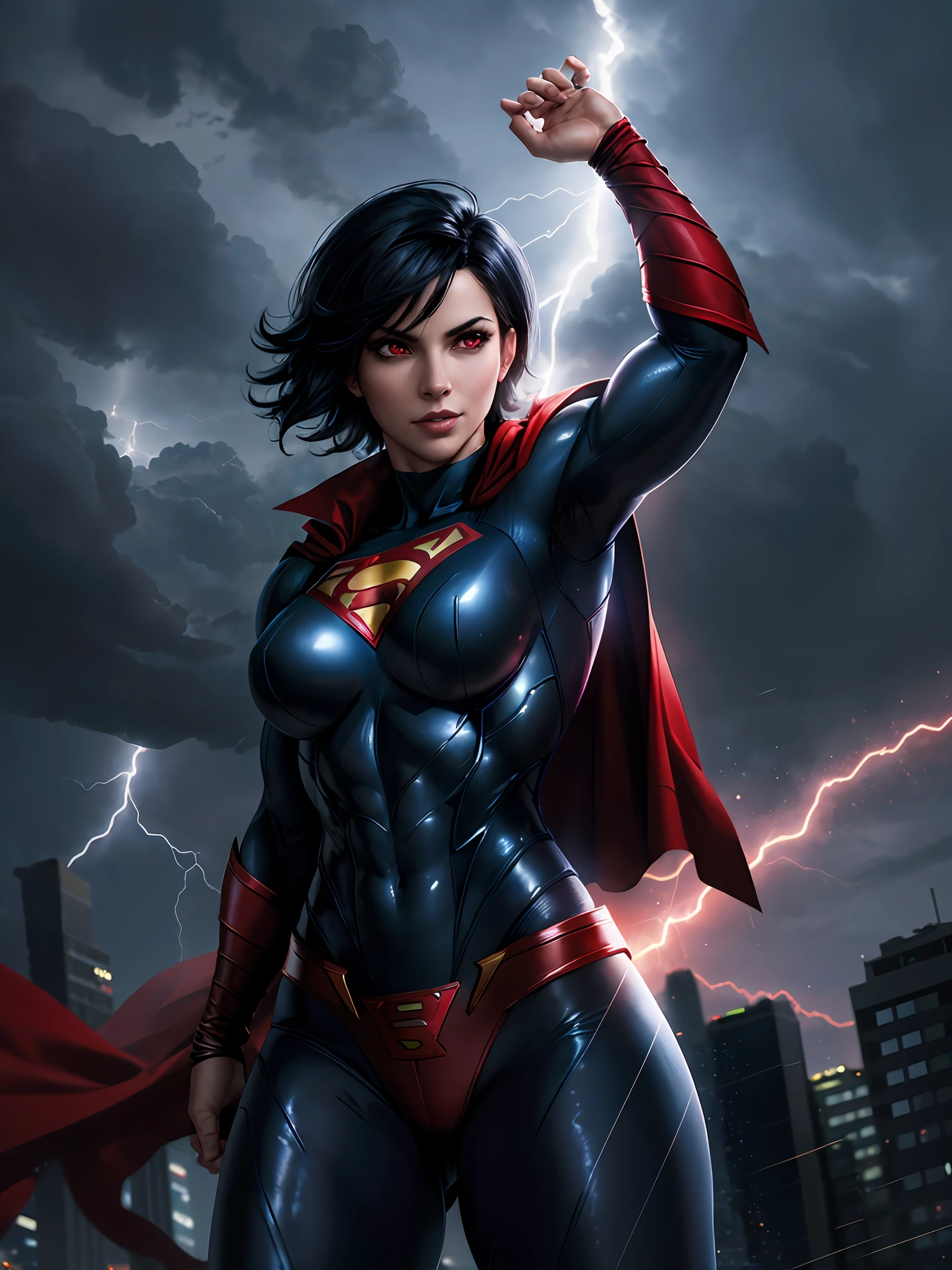 muscular lady in superman costume flying in sky, short black hair, red cape, glowing red eyes, arms up, storm, dark clouds, lightning, night, lightning, rain, particles