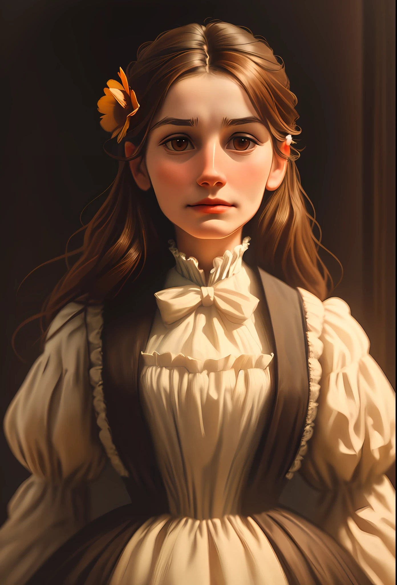 a victorian woman, brown hair, hair flower, closed mouth, Color Field painting, backlighting, anatomically correct, anatomically correct, high quality, 8k