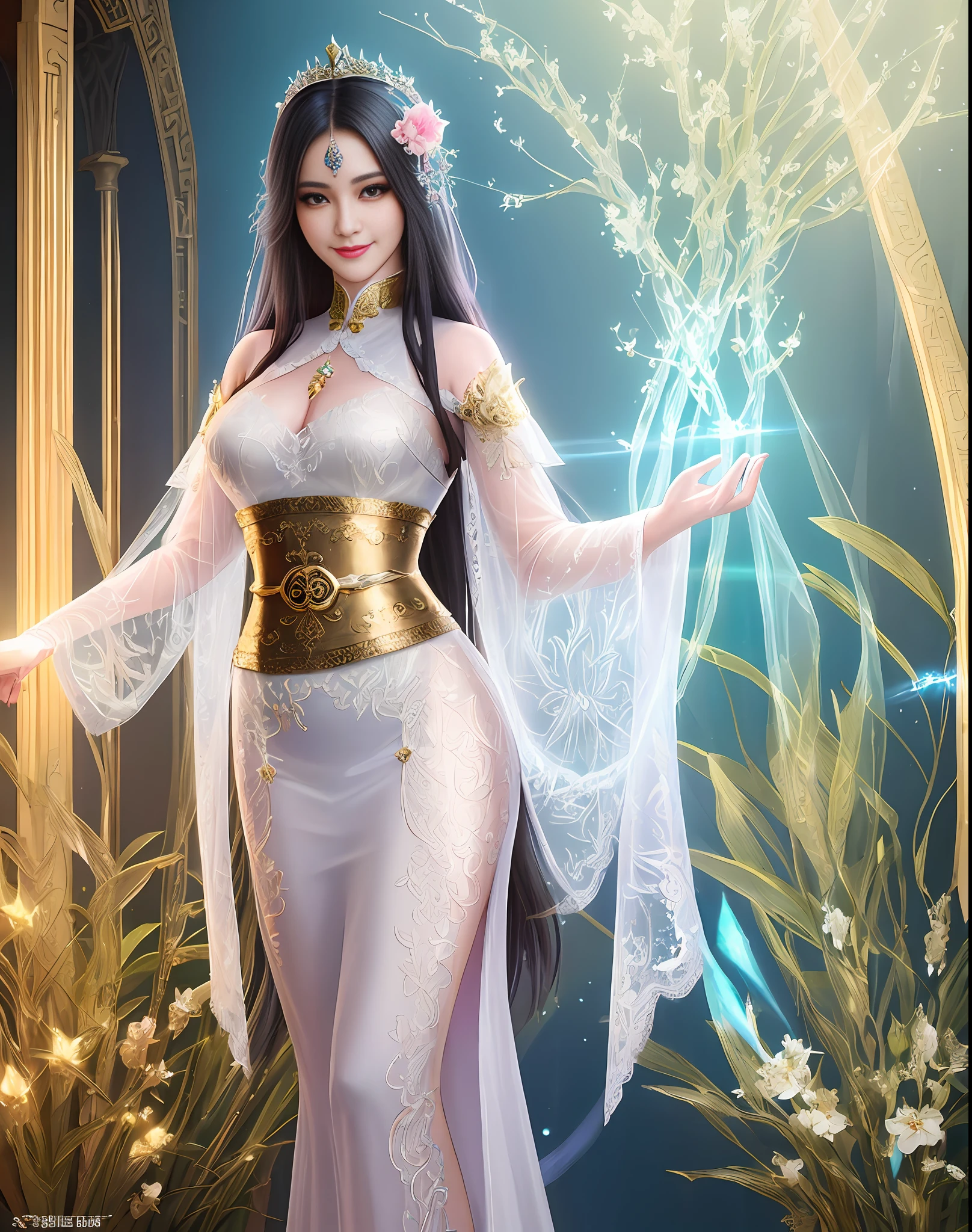 bestbest quality, Beautiful face, tyndall effect, (high detailed skin:1.2), full body detail, a woman in a sexy transparent white lace nightgown with a dragon carving gold belt, (transparent lace:1.2), cinematic goddess body shot, a beautiful fantasy empress, a beautiful sorceress, hyperdetailed fantasy character, full body xianxia, extremely detailed goddess shot, beautiful sorceress, unreal engine render + a goddess, goddess. extremely high detail, (gigantic breasts:0.25), (Coy Smile:1.2), (black long hair:1.2), photorealistic, masterpiece, 4k, 8k, highres, sakura flower