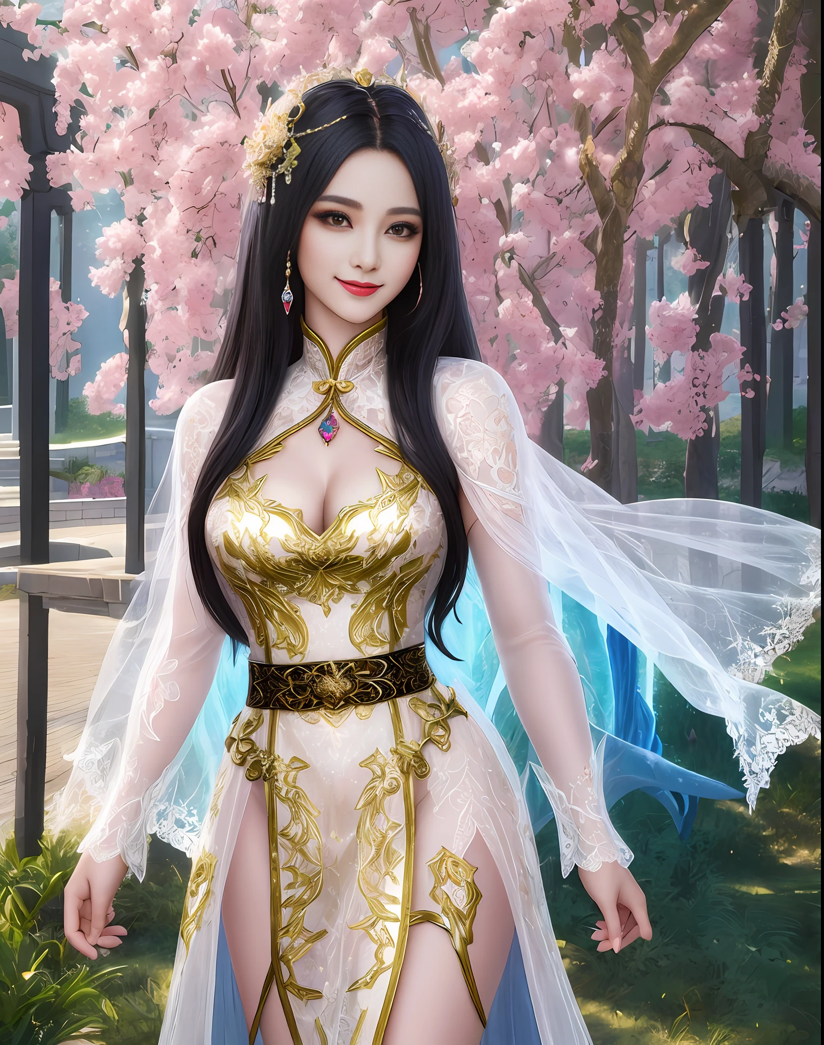 bestbest quality, Beautiful face, tyndall effect, (high detailed skin:1.2), full body detail, a woman in a sexy transparent white lace nightgown with a dragon carving gold belt, (transparent lace:1.2), cinematic goddess body shot, a beautiful fantasy empress, a beautiful sorceress, hyperdetailed fantasy character, full body xianxia, extremely detailed goddess shot, beautiful sorceress, unreal engine render + a goddess, goddess. extremely high detail, (gigantic breasts:0.25), (Coy Smile:1.2), (black long hair:1.2), photorealistic, masterpiece, 4k, 8k, highres, sakura flower