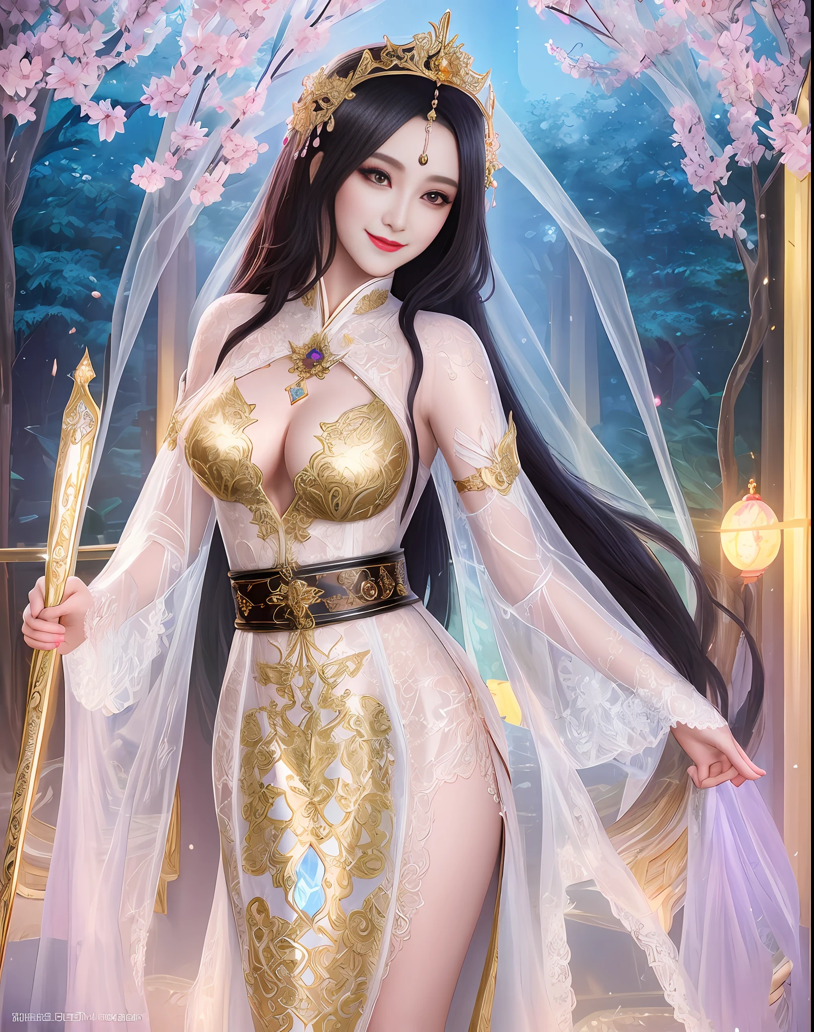 bestbest quality, Beautiful face, tyndall effect, (high detailed skin:1.2), full body detail, a woman in a sexy transparent white lace nightgown with a dragon carving gold belt, (transparent lace:1.2), cinematic goddess body shot, a beautiful fantasy empress, a beautiful sorceress, hyperdetailed fantasy character, full body xianxia, extremely detailed goddess shot, beautiful sorceress, unreal engine render + a goddess, goddess. extremely high detail, (gigantic breasts:0.25), (Coy Smile:1.2), (black long hair:1.2), photorealistic, masterpiece, 4k, 8k, highres, sakura flower