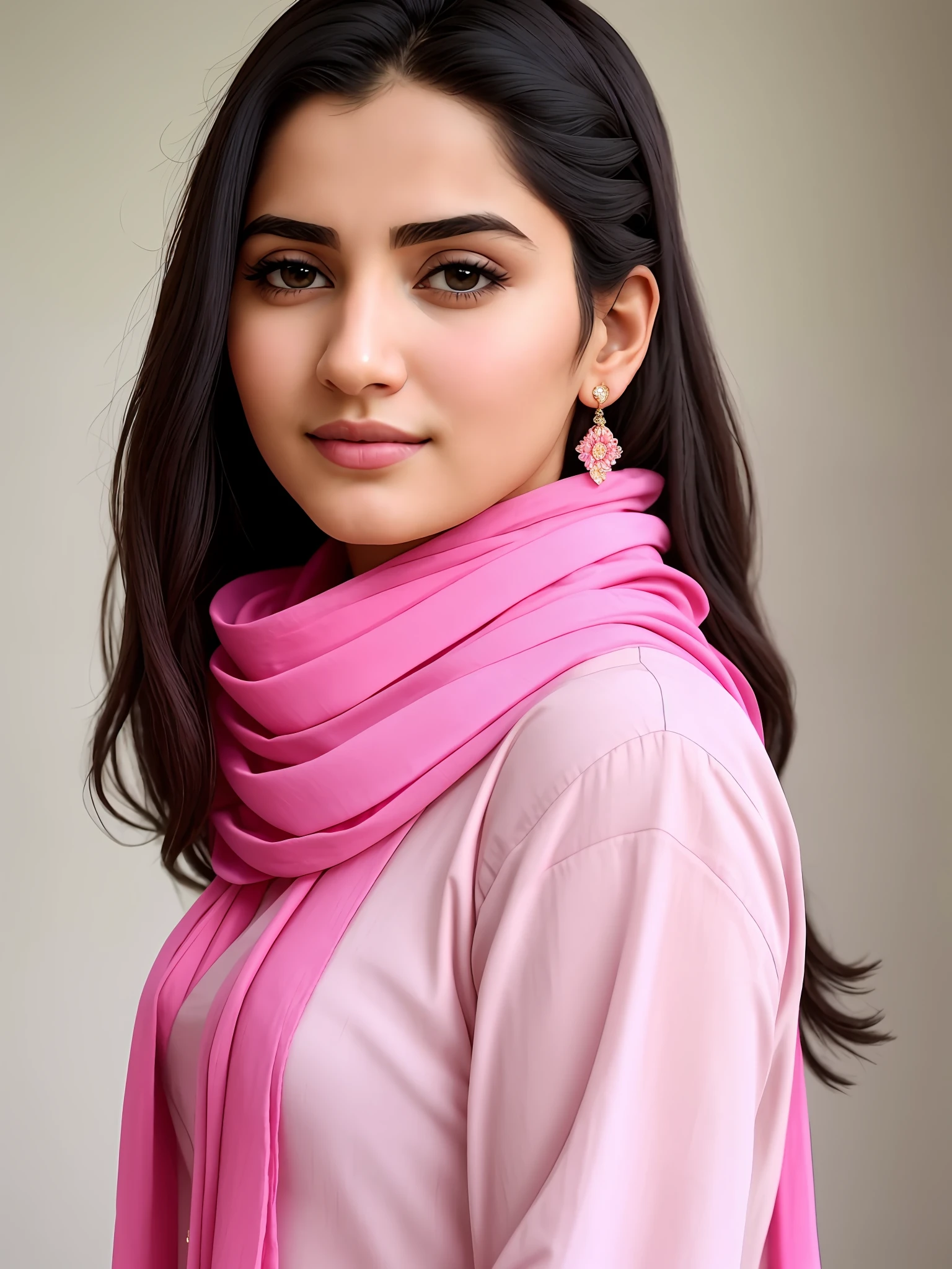 a close up of a woman wearing a pink dress and a pink scarf, a picture by Riza Abbasi, tumblr, realism, profile pic, faridah malik, kyza saleem, profile image, khyzyl saleem, with accurate face, very very low quality picture, around 1 9 years old, beautiful image, very extremely beautiful