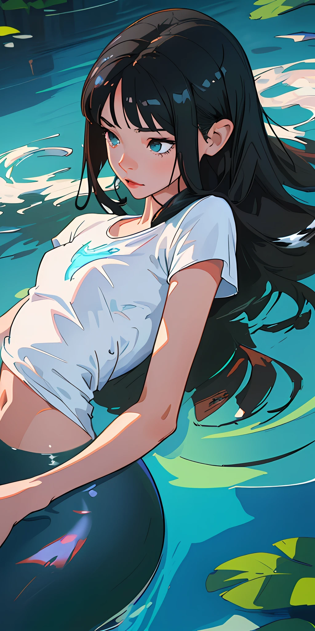 (best quality, masterpiece), 1girl, illustration, mermaid pushing out of water with long silky black hair, upper body, white tshirt