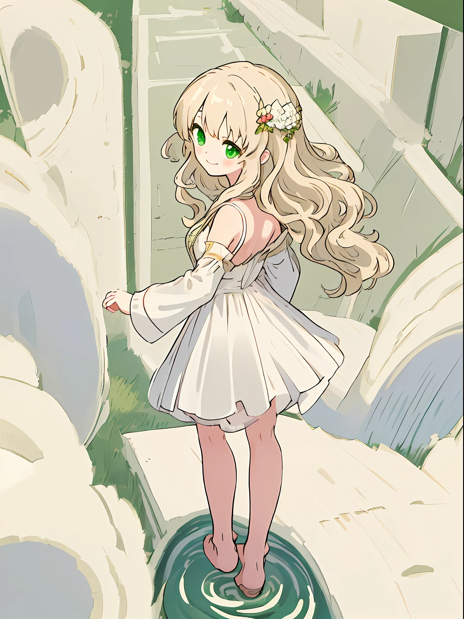 (((masterpiece))), (((best quality))), 1girl, ((solo focus)), character design, goddess, (full body), solo, Loli, small breasts, aura, looking back, wavy hair, blonde long hair, (beige hair), green eyes, ((white dress), smile, happy