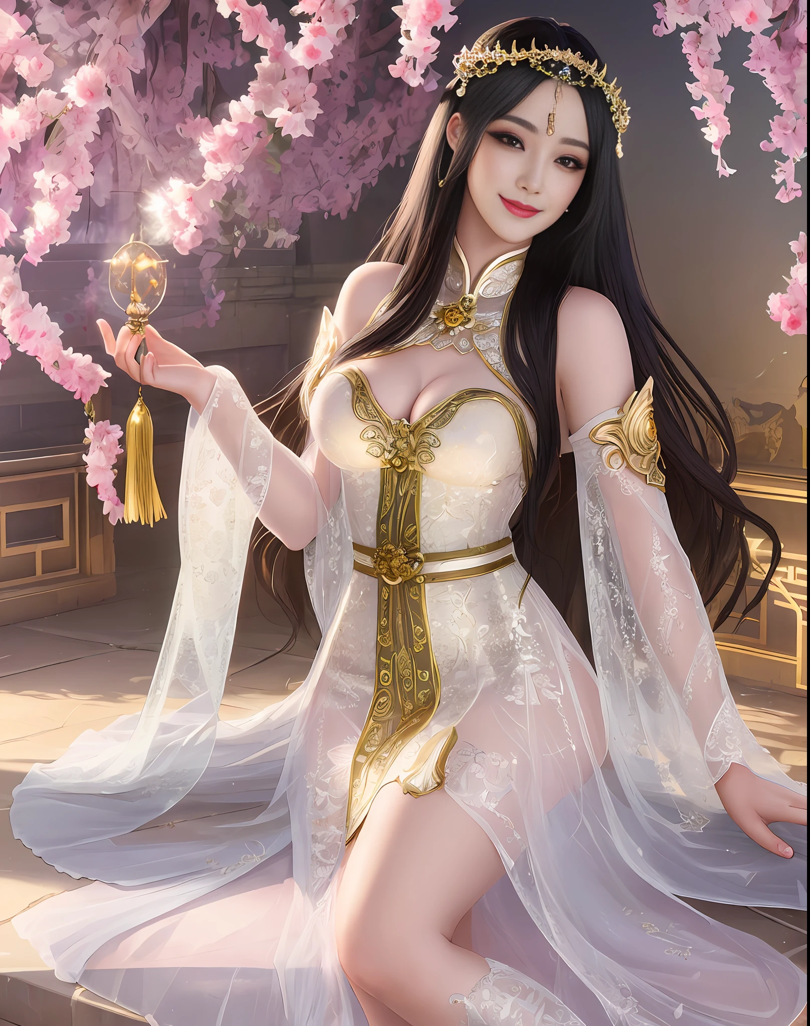 bestbest quality, Beautiful face, tyndall effect, (high detailed skin:1.2), full body detail, a woman in a sexy transparent white lace nightgown with a gold lotus carving belt, (transparent lace:1.2), cinematic goddess body shot, a beautiful fantasy empress, a beautiful sorceress, hyperdetailed fantasy character, full body xianxia, extremely detailed goddess shot, beautiful sorceress, unreal engine render + a goddess, goddess. extremely high detail, (gigantic breasts:0.25), (Coy Smile:1.2), (black long hair:1.2), photorealistic, masterpiece, 4k, 8k, highres, sakura flower