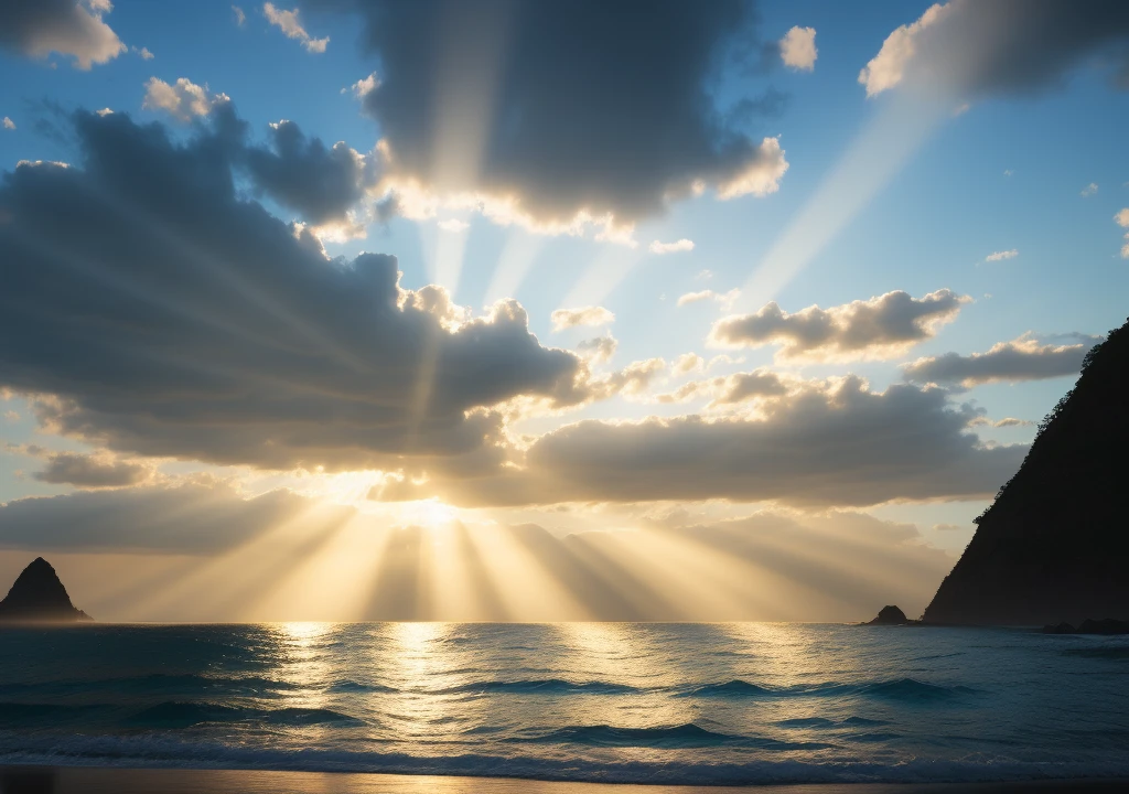 rays of light coming from the sky, towards the sea, 4K, amazing light and shadow, intricate details, zbrush