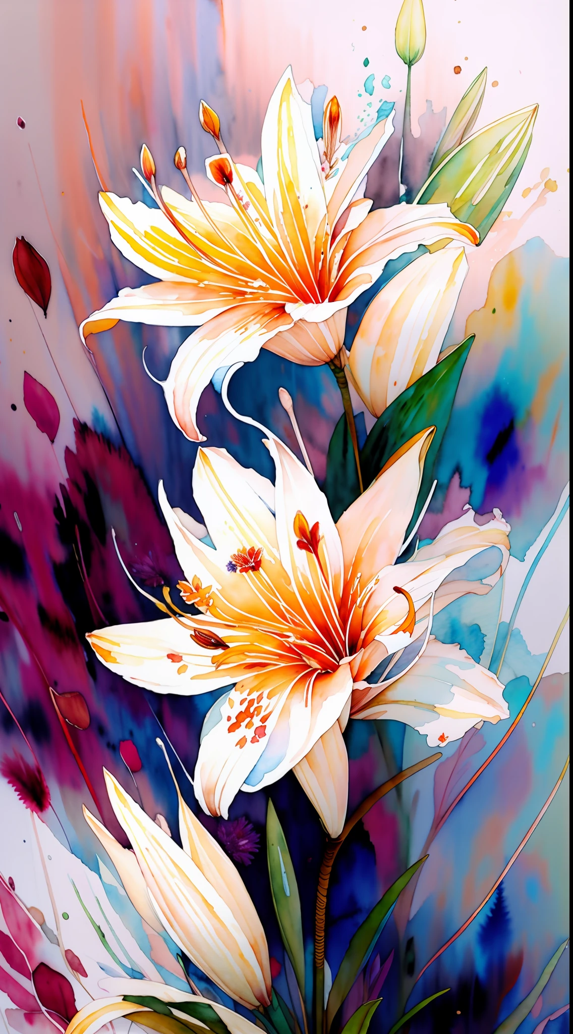 wtrcolor style, digital art of (lilies), official art, blown by the wind, masterpiece, beautiful, ((watercolor)), paint splatter, intricate details. Great detail, [dripping:0.5], trending on Artstation, Rachel Walker