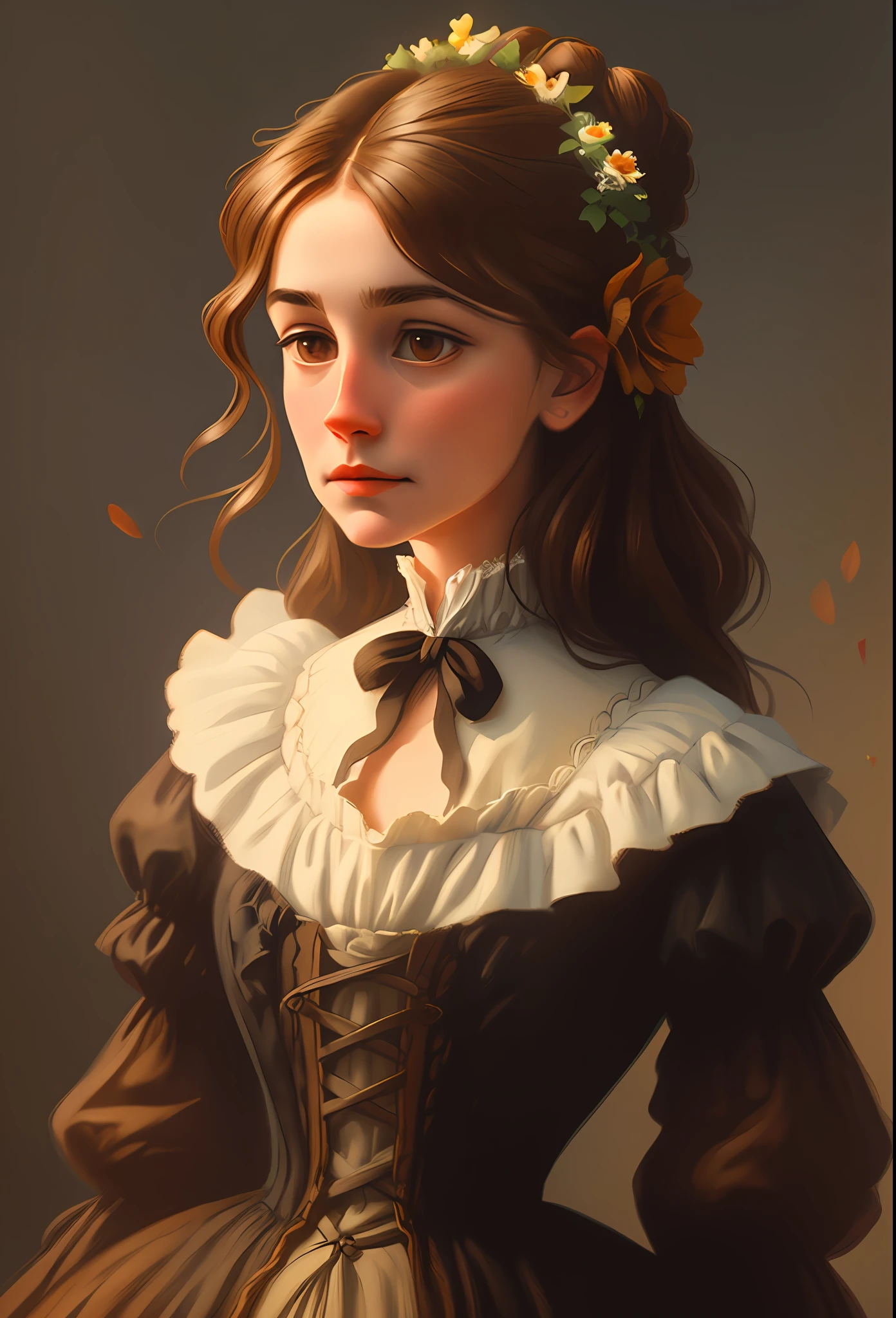 a victorian woman, brown hair, hair flower, closed mouth, Color Field painting, backlighting, anatomically correct, anatomically correct, high quality, 8k