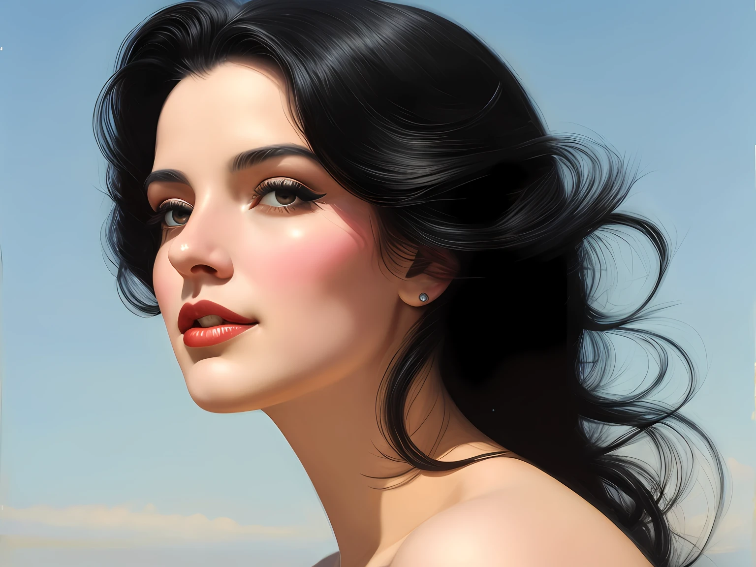 vintage realism style art, a beautiful woman with black hair blowing in the wind, her long black dress reflects the moonlight, her eyes are vibrant and expressive, her face is magnificent with skin like silk, her hands are well detailed and without deformities, Adobe Illustration, Trending on Artstation, 8K, hd, masterpiece, magnificent art, by Charlie Bowater, -