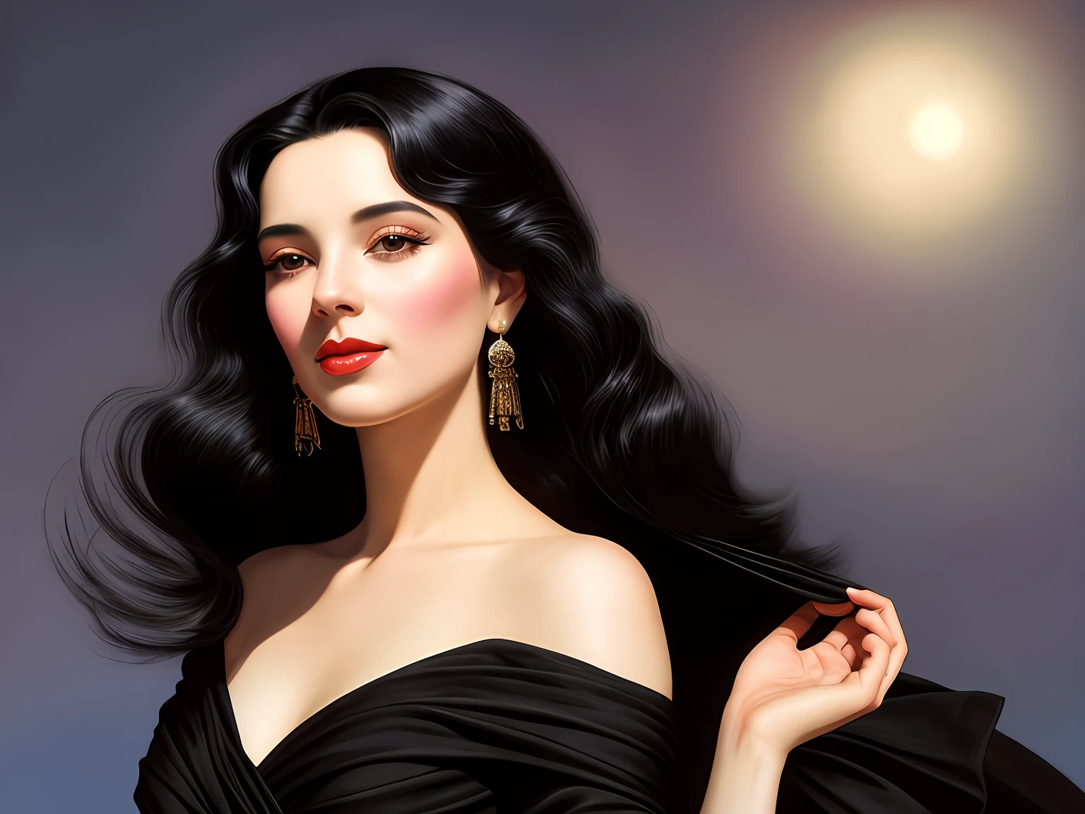 vintage realism style art, a beautiful woman with black hair blowing in the wind, her long black dress reflects the moonlight, her eyes are vibrant and expressive, her face is magnificent with skin like silk, her hands are well detailed and without deformities, Adobe Illustration, Trending on Artstation, 8K, hd, masterpiece, magnificent art, by Charlie Bowater, -