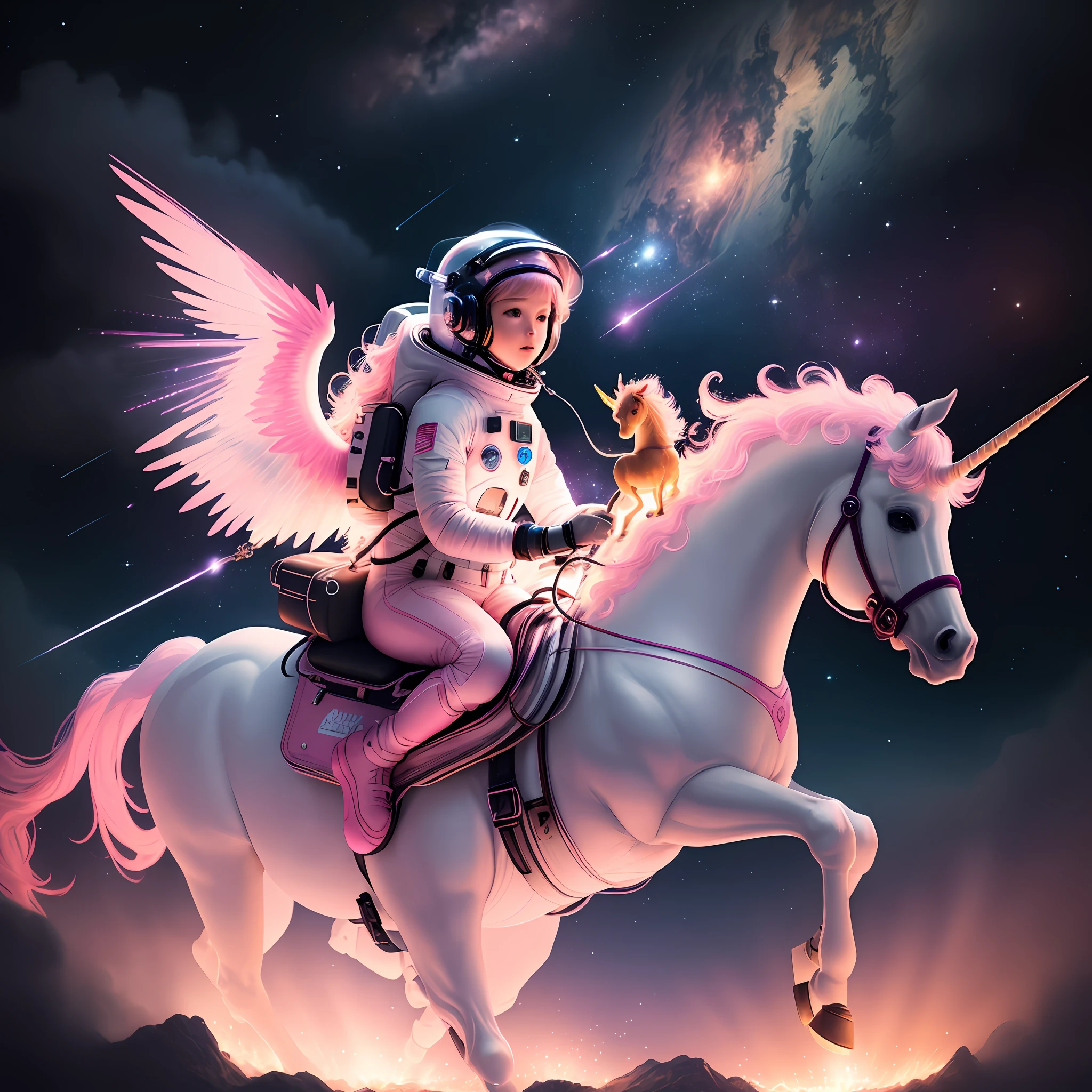 extremely detailed, masterpiece, best quality, beautiful and delicate pink astronaut riding a flaming unicorn in outer space, with starry dark background and highlighting the vivid neon color palette.