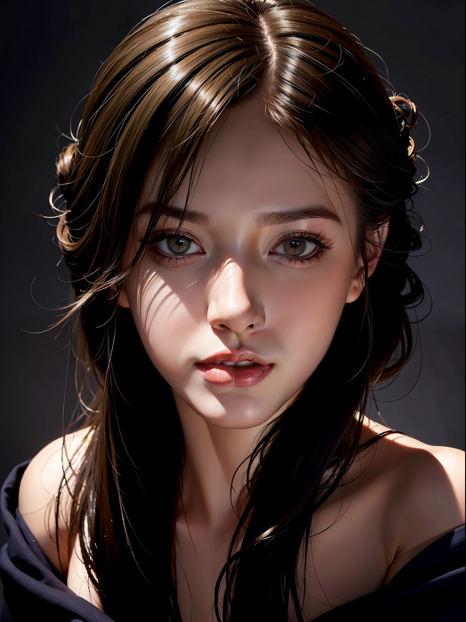 Best quality, masterpiece, ultra high res, (photorealistic:1.4), raw photo, 1girl, offshoulder, in the dark, deep shadow, low key, cold light