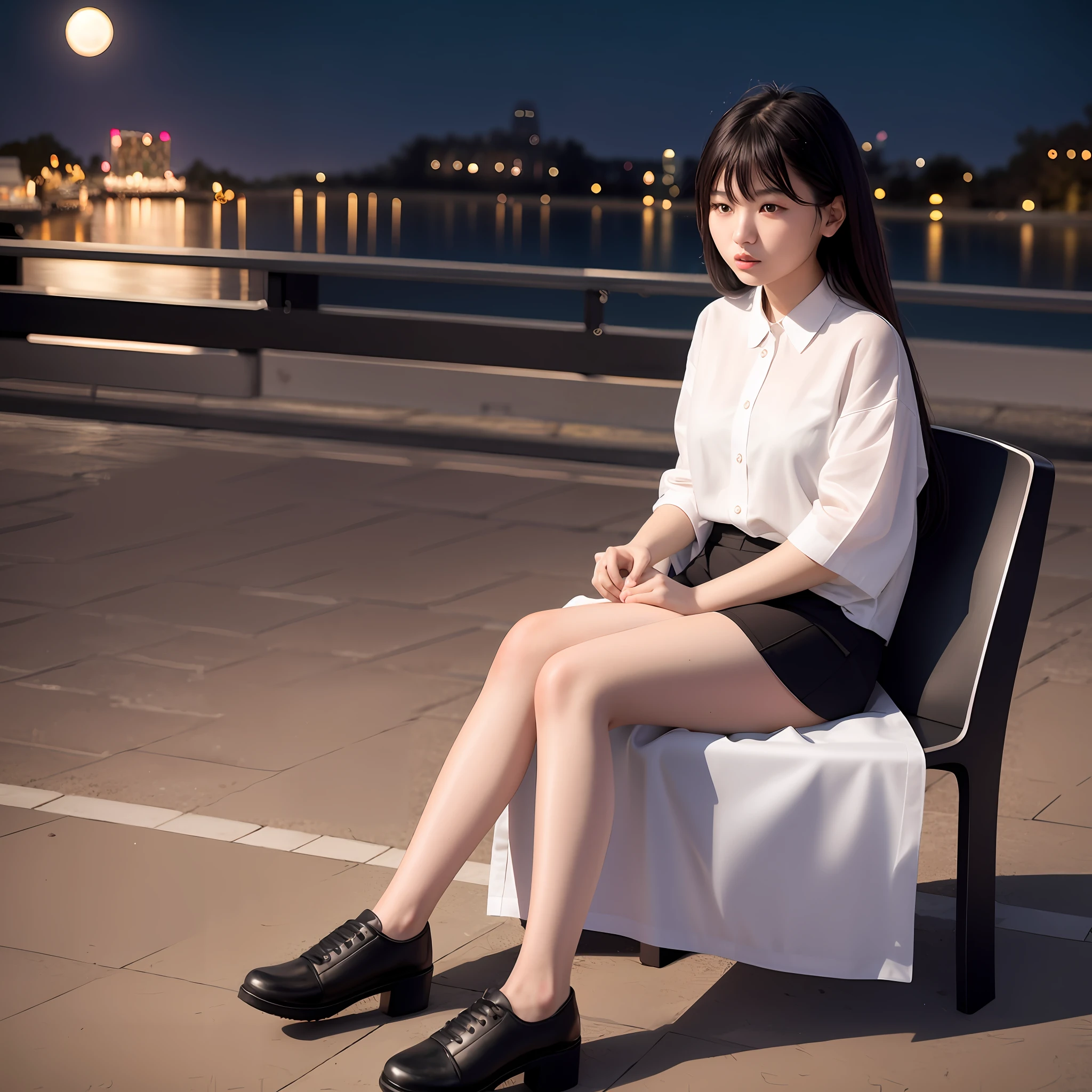 A 20-year-old Chinese girl sits on a chair in the park and looks at the bright moon, soft moonlight, quiet atmosphere, soft tones, wide-angle lens, night shooting, color film, 8K ultra-high-definition. --v 5 --ar 2:3 @AI Design