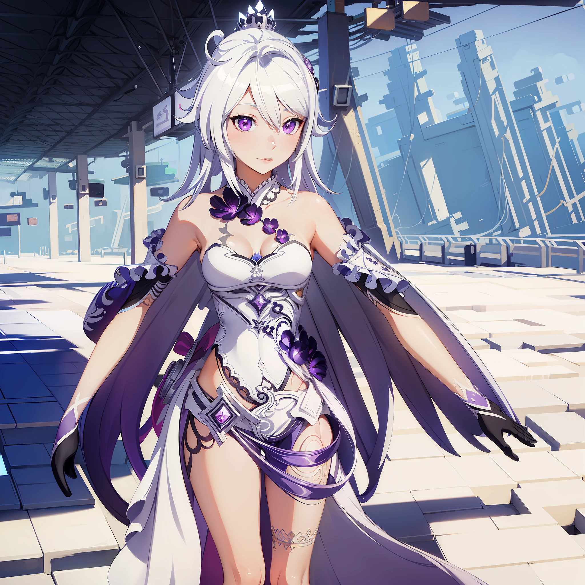 masterpiece, best quality,illustration,highly detailed,amazing, beautiful, finely detail,CG unity 8k wallpaper,sunlight,1girl,solo, breasts, white hair, little, purple crown,