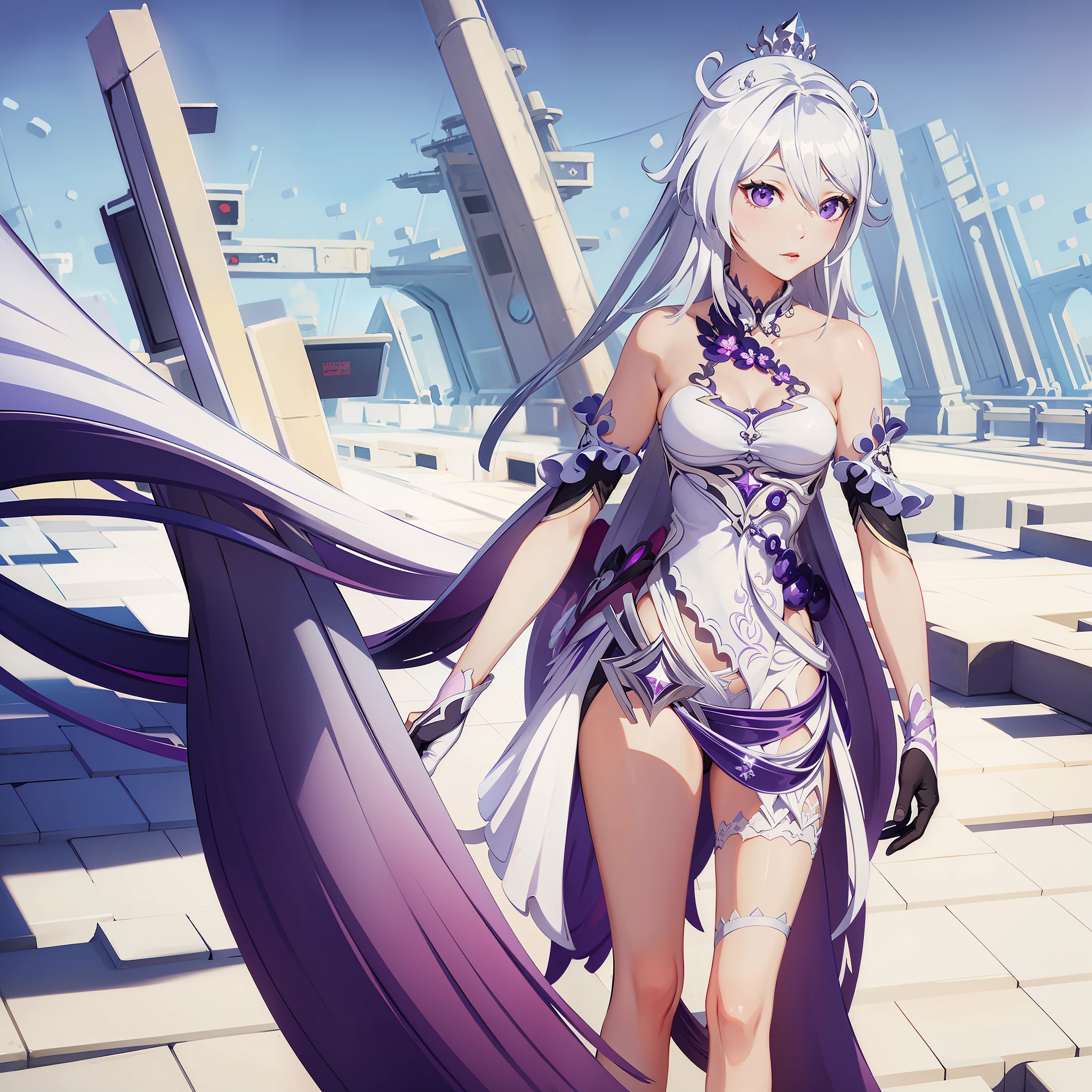 masterpiece, best quality,illustration,highly detailed,amazing, beautiful, finely detail,CG unity 8k wallpaper,sunlight,1girl,solo, breasts, white hair, little, purple crown,