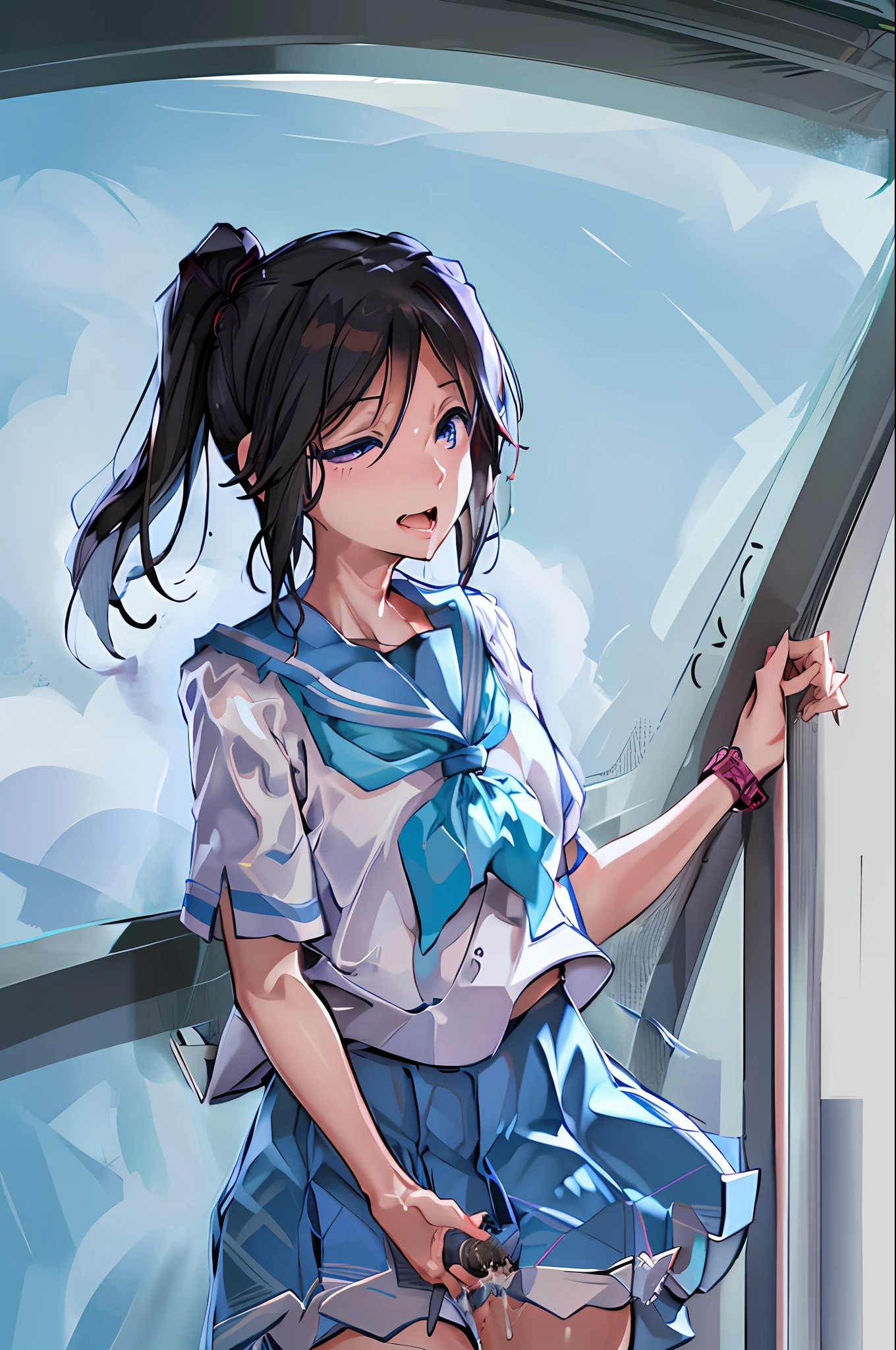 masterpiece, best quality, highres, nozomi1, 1girl, kasaki nozomi, solo, school uniform, blue eyes, black socks, ponytail, sailor collar, blue skirt, black hair, blue sailor collar, pleated skirt, blue neckerchief, short sleeves, long hair, white shirt, kneehighs, wristwatch, bangs, cowboy shot, futanari, cum, masturbation