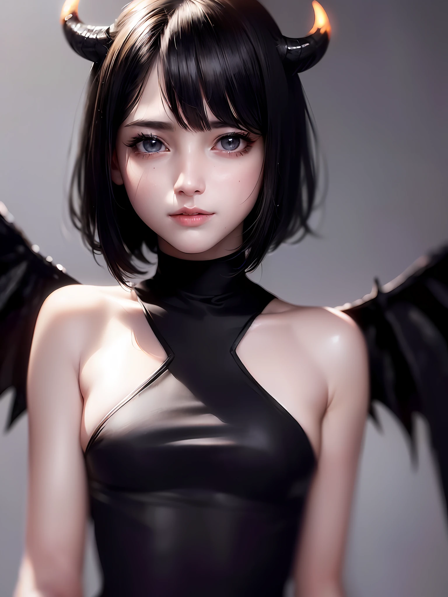 (ultra high res,photorealistic,realistic,best quality,photo-realistic),
(8k, raw photo, best quality, masterpiece),
(photon mapping, radiosity, physically-based rendering,automatic white balance),
technological sense, best quality, masterpiece, illustration,CG ,unity ,wallpaper, official art,
Amazing, finely detail, an extremely delicate and beautiful,extremely detailed,
highly detailed, sharp focus,rich background,blurry background,
(real person,photograph),
(((high detailed skin,visible pores))),
(((face close-up,haunting smile,moist lips,short hair))),
((irises and pupils are rounded,the pupil reflects the surroundings,eyes are not the same size)),
((Big eyes,perfect eyes,watery eyes)),
((black hair,high ponytail,thick bangs)),
(((( small breasts)))),white skin,bare shoulders,((black dress)),(((demon_wings,two wings,devil,Hellfire,fire,flame))),