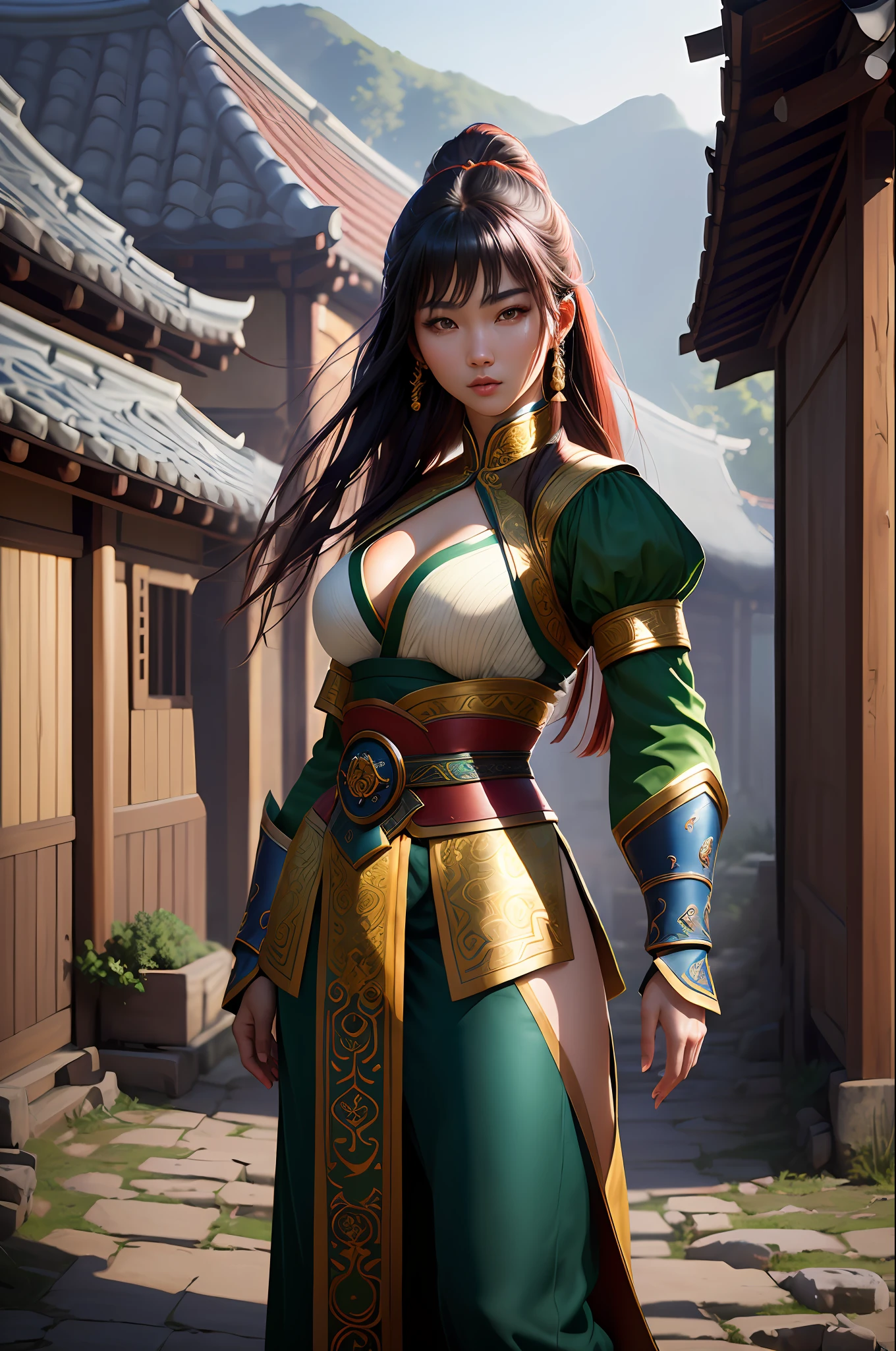 modelshoot style, (extremely detailed, ultra-realistic 8k wallpaper: 1.3), a professional full-body photo of a (beautiful 20-year-old South Korean Asian female warrior with beautiful long, black hair parted in the middle, wearing green female warrior in the style of the mortal kombat game), intricate , High detail, dramatic, photo realistic, HDR, UHD, photography, subsurface scattering, (depth of field: 0.3), (full body photo: 1.3), full length portrait, fantasy setting, village background, renaissance style