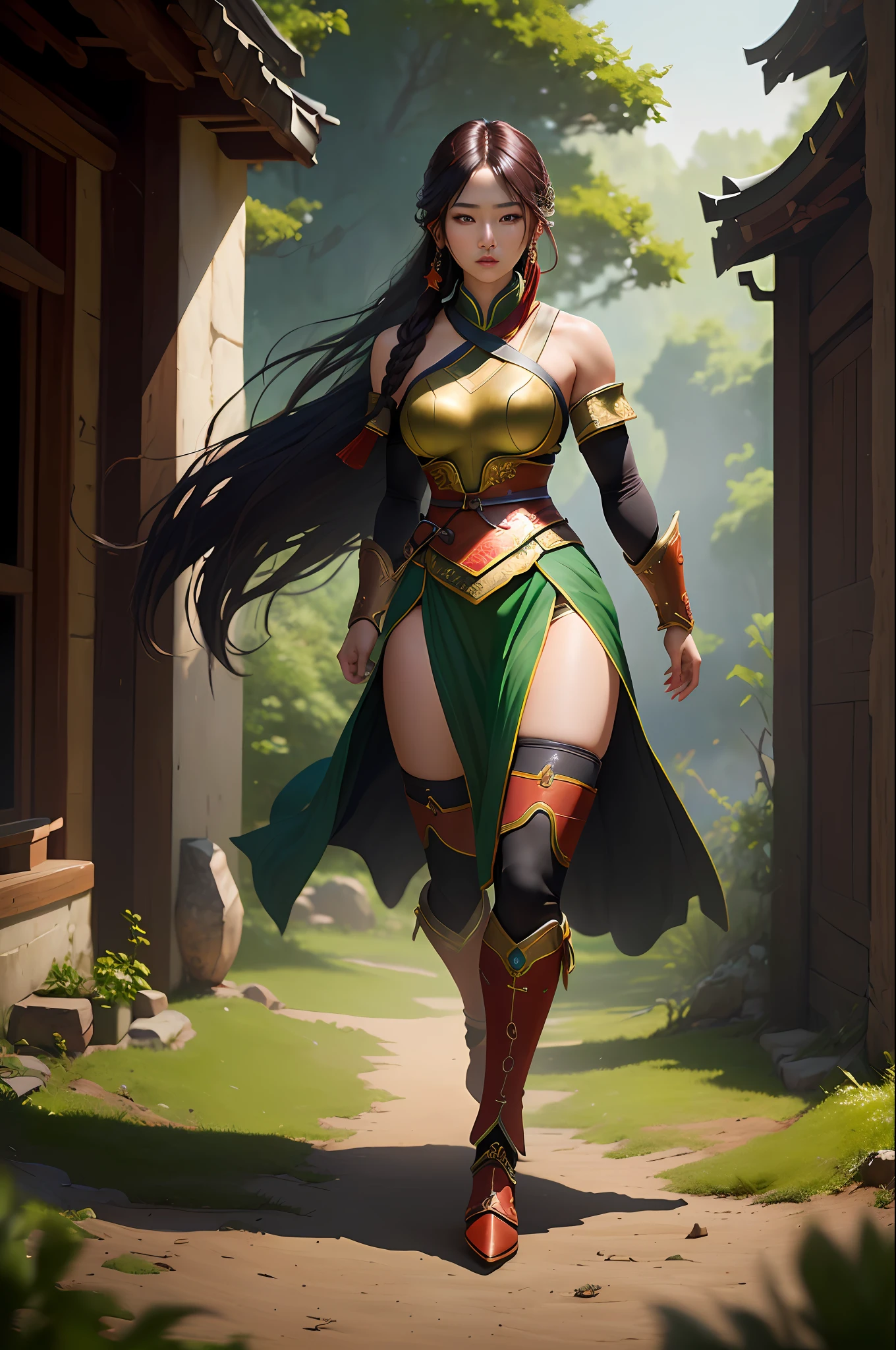 modelshoot style, (extremely detailed, ultra-realistic 8k wallpaper: 1.3), a professional full-body photo of a (beautiful 20-year-old South Korean Asian female warrior with beautiful long, black hair parted in the middle, wearing green female warrior in the style of the mortal kombat game), intricate , High detail, dramatic, photo realistic, HDR, UHD, photography, subsurface scattering, (depth of field: 0.3), (full body photo: 1.3), full length portrait, fantasy setting, village background, renaissance style