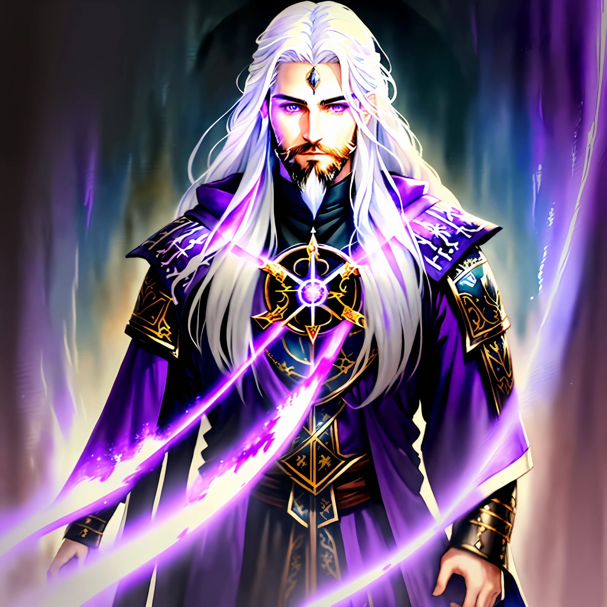 young man appearing to be in his 30s, long straight white hair, purple eyes, fantasy rpg style, symmetrical, portrait, closeup, watercolor painting style, epic, emperor of humanity, god, infinity symbol in medieval clothing, bearded, ultra realistic, ar 2:3