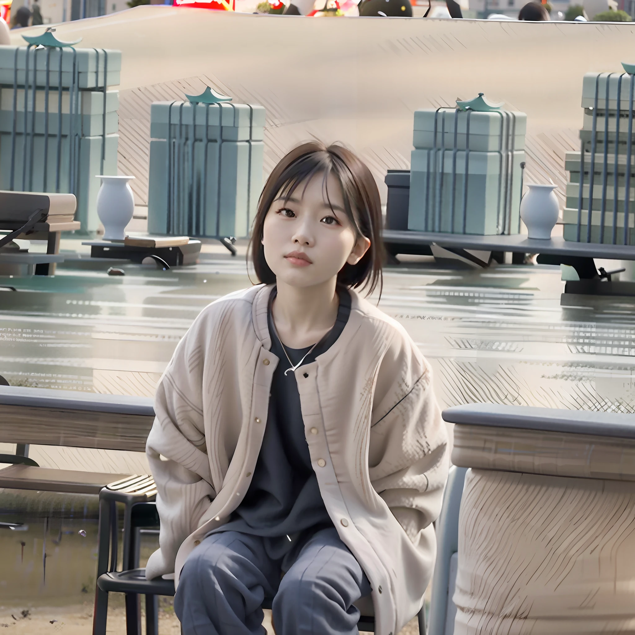 A 20-year-old Chinese girl sits on a chair in the park and looks at the bright moon, soft moonlight, quiet atmosphere, soft tones, wide-angle lens, night shooting, color film, 8K ultra-high-definition. --v 5 --ar 2:3