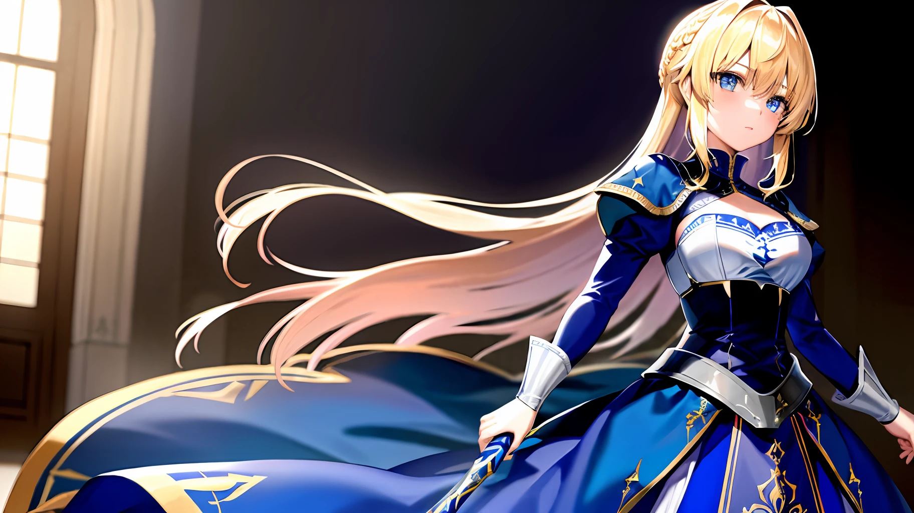 masterpiece, super clear image, no blur, highly detailed eyes, super high quality, super high detail, 8k, best quality, highly detailed lighting, best shadows, art by ydh2102, saber, artoria pendragon, 1girl, blond hair, blue eyes, royal knights attire, standing in front of a castle at daybreak,