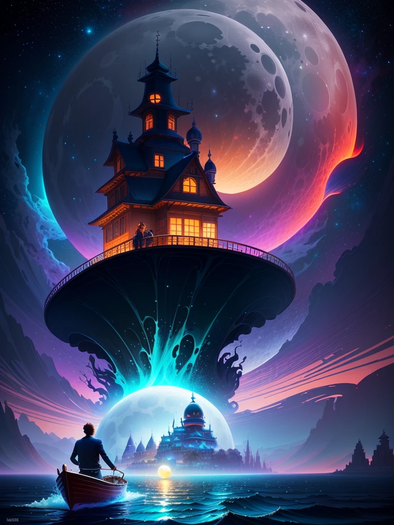 arafed image of a man on a boat in front of a giant moon, in style of cyril rolando, cyril rolando and goro fujita, jen bartel, inspired by Cyril Rolando, colorful concept art, magical concept art, studio ghibli and dan mumford, fantasy digital painting, fantasy art style, by Cyril Rolando, inspired by Paul Lehr