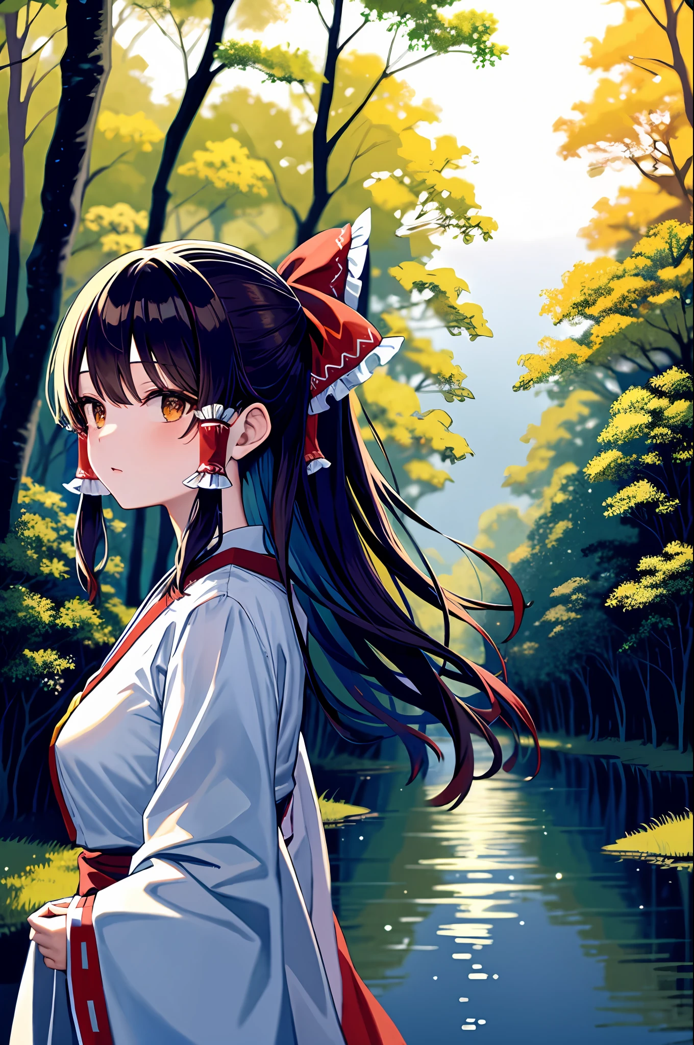 detailed background, masterpiece, best quality, 1girl, hakurei reimu, brown hair, hair tubes, hair ribbon, brown eyes, nontraditional miko, a forest full of purple and white trees, fireflies, water, purple theme, white theme, mystical, magical,