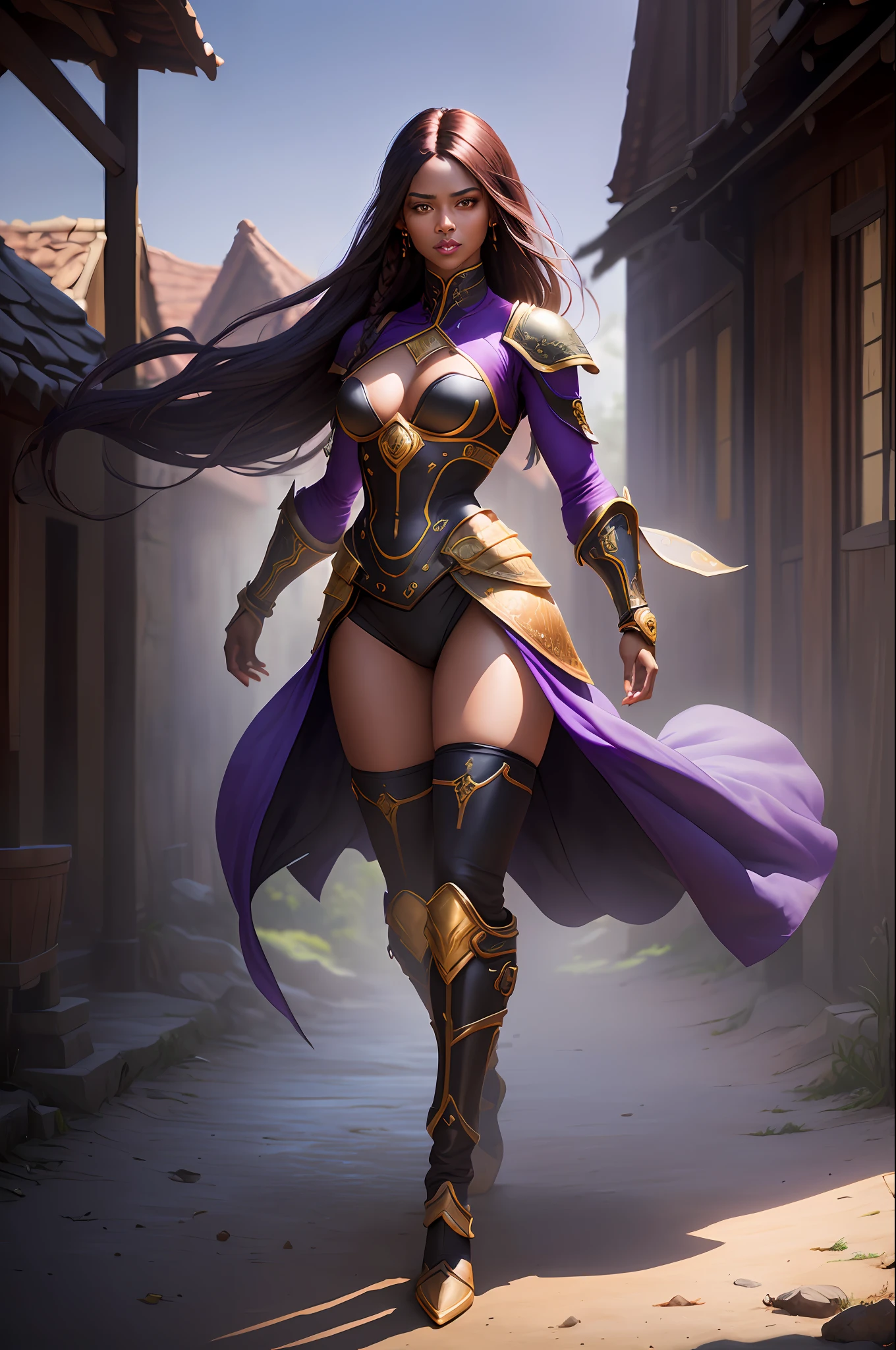 modelshoot style, (extremely detailed, ultra-realistic 8k wallpaper: 1.3), a professional full body photo, of a (beautiful 20 year old black African female warrior with beautiful long straight black hair parted in the middle, wearing purple clothes female warrior in the style of the mortal kombat game), intricate , High detail, dramatic, photo realistic, HDR, UHD, photography, subsurface scattering, (depth of field: 0.3), (full body photo: 1.3) , full-length portrait, fantasy setting, village background, Renaissance style