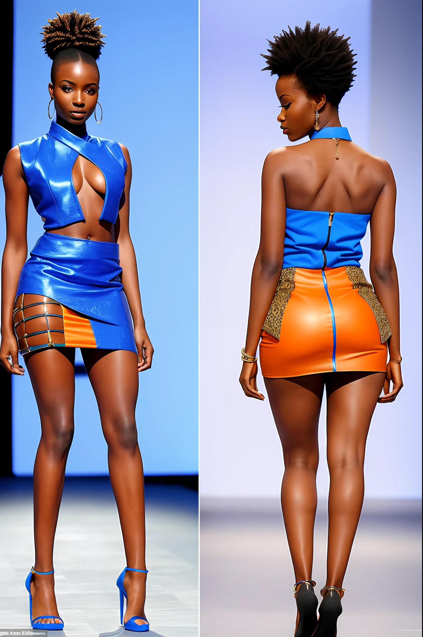 Front and back pose of African model in modern African attire with leather details, blue mini skirt and complementary colors, runway