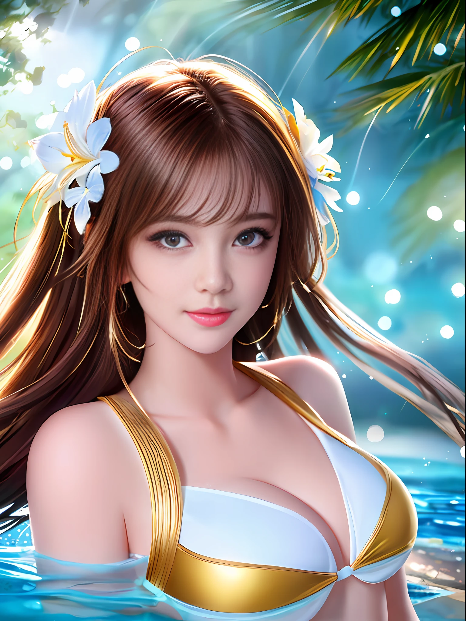 Single person, bathing in swimming pool, water drops on body, white bikini, gypsy girl, hair, shiny hair, eye reflection, glowing eyes, colored contact lenses, yellow eyes, eyeballs, charming smile, sparkling eyes, super realistic, shallow Brown hair, shoulder length hair, surrealism, minimalism, Ghibli colors, chiaroscuro, depth of field, film lighting, backlighting, people diagrams, close-up, head-up lens, f/1.8, Fujifilm, perspective, three-sided view, Multiview, Holland, Nikon, 35mm, Ultra HD, Masterpiece, Textured Skin, High Quality, Super Detail, 8k