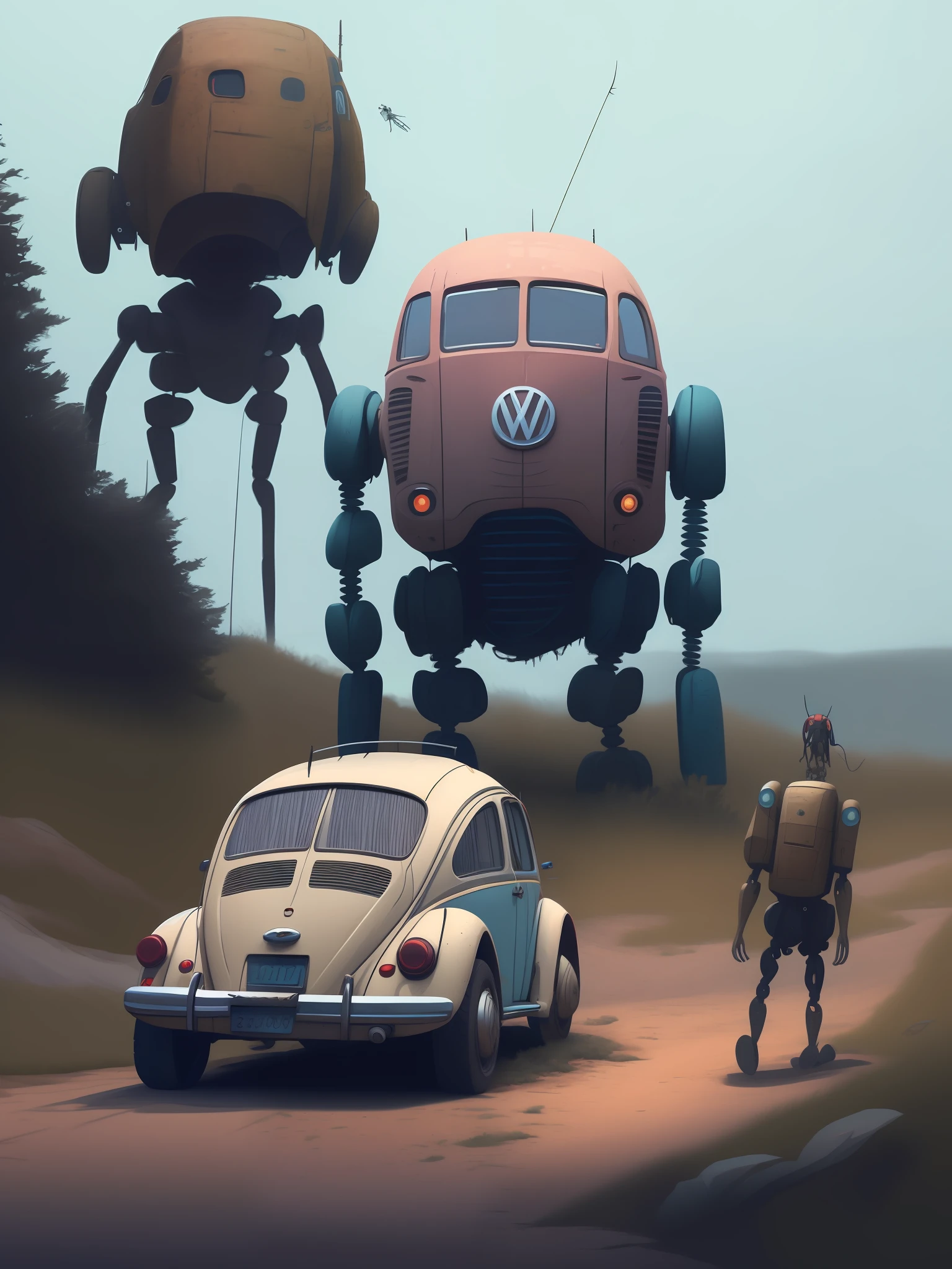 a Volkswagen Beetle driving down a dirt road, opposite the dirt road a kombi, next to a giant robot by Simon Stlenhag