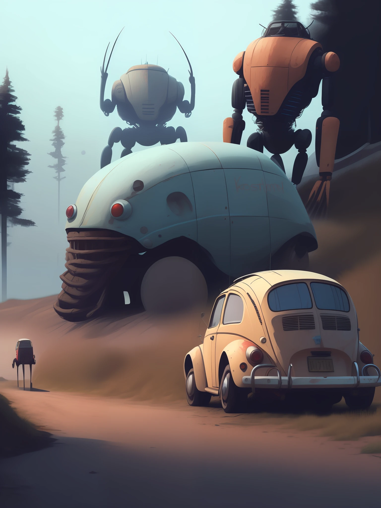 a Volkswagen Beetle driving down a dirt road, opposite the dirt road a kombi, next to a giant robot by Simon Stlenhag