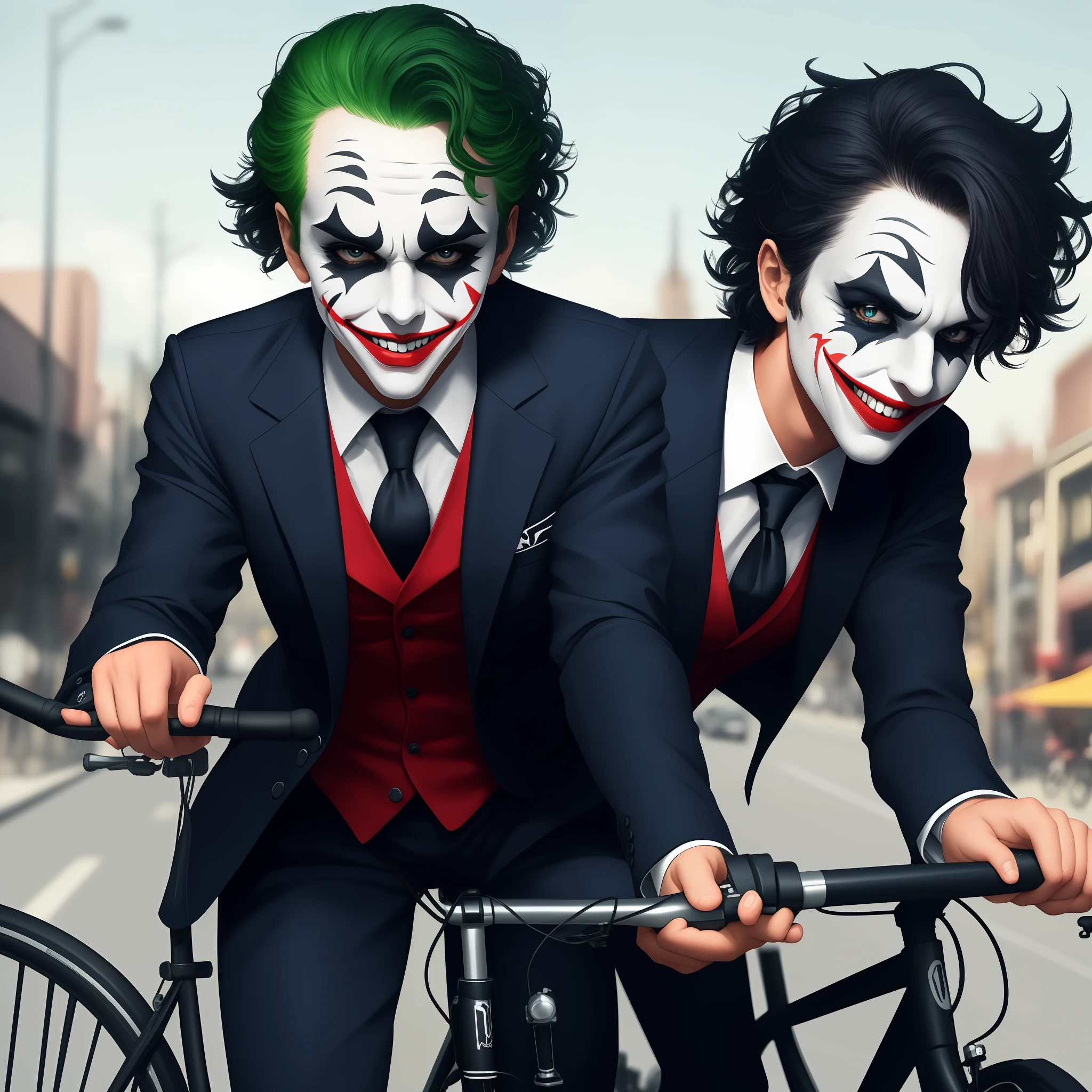 cute portrait of a cute joker riding a bike , cinematic shot , digital art 4k, high detail ,
