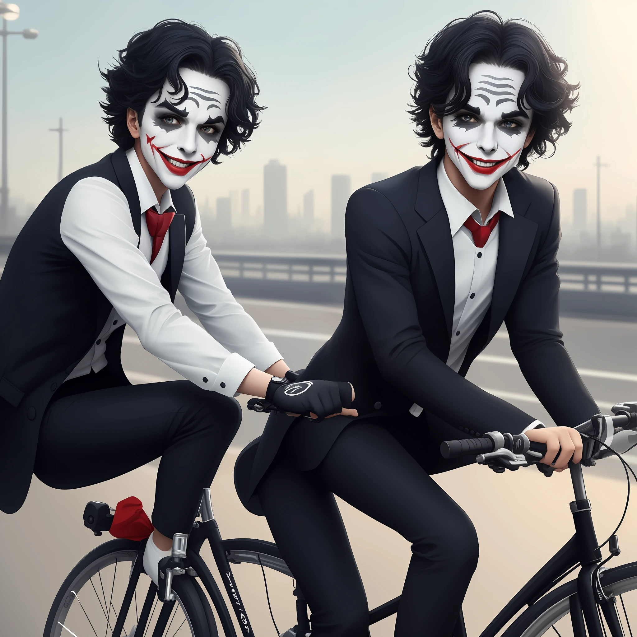 cute portrait of a cute joker riding a bike , cinematic shot , digital art 4k, high detail ,