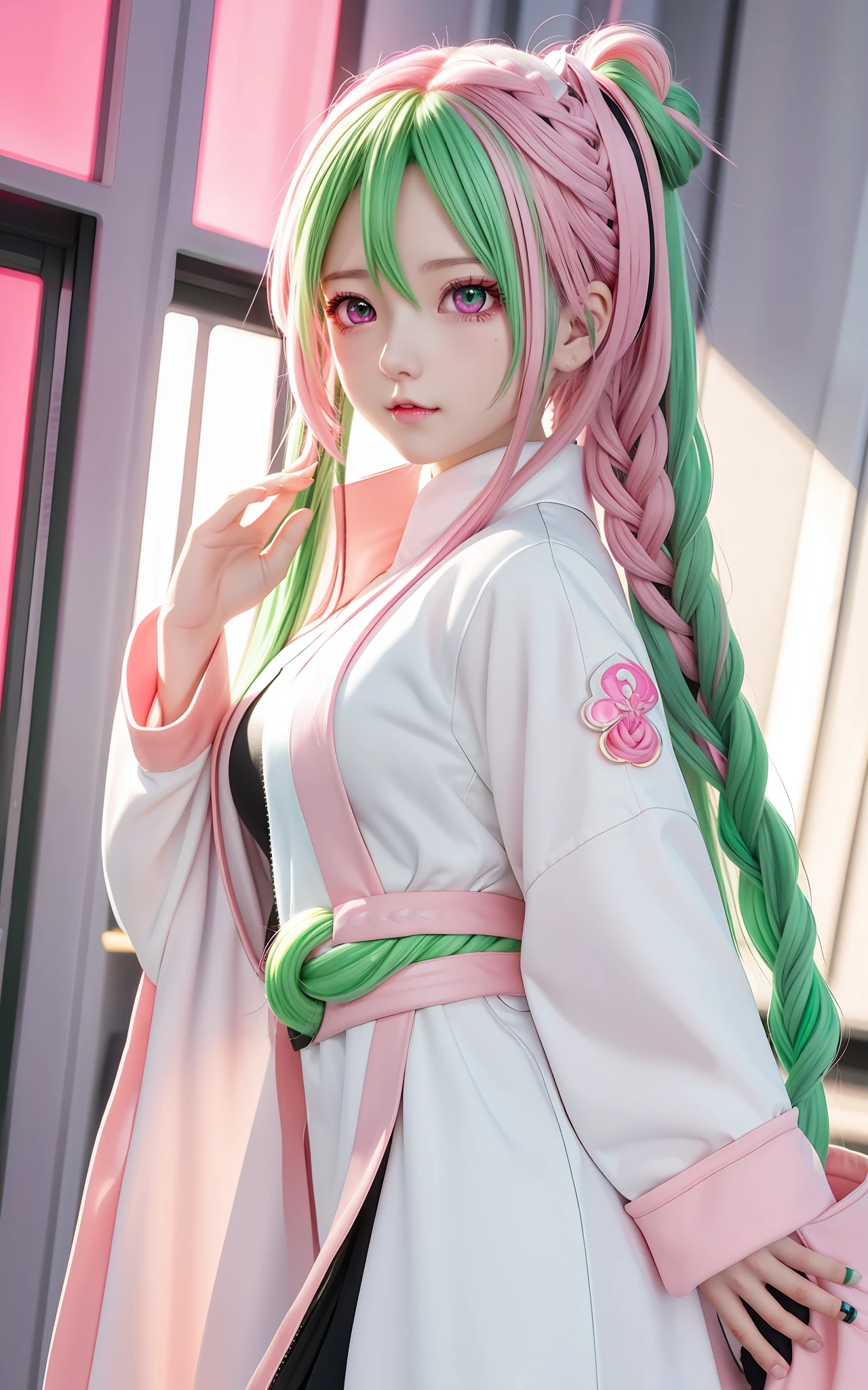 anime girl with pink braided hair with green tips, pink eyes, white coat, black t-shirt, rui fanart