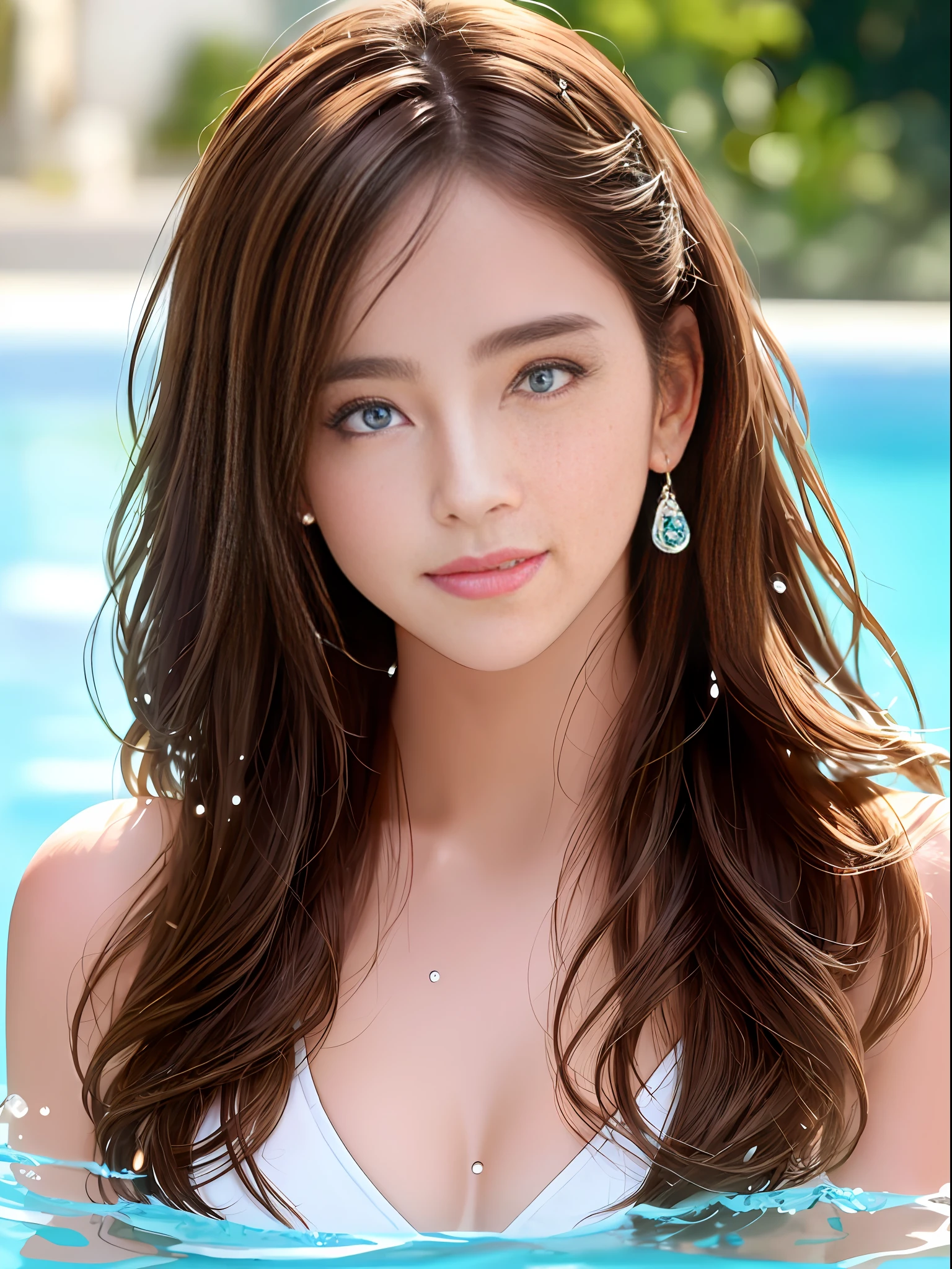 Single person, bathing in swimming pool, water drops on body, white bikini, gypsy girl, hair, shiny hair, eye reflection, glowing eyes, colored contact lenses, yellow eyes, eyeballs, charming smile, sparkling eyes, super realistic, shallow Brown hair, shoulder length hair, surrealism, minimalism, Ghibli colors, chiaroscuro, depth of field, film lighting, backlighting, people diagrams, close-up, head-up lens, f/1.8, Fujifilm, perspective, three-sided view, Multiview, Holland, Nikon, 35mm, Ultra HD, Masterpiece, Textured Skin, High Quality, Super Detail, 8k